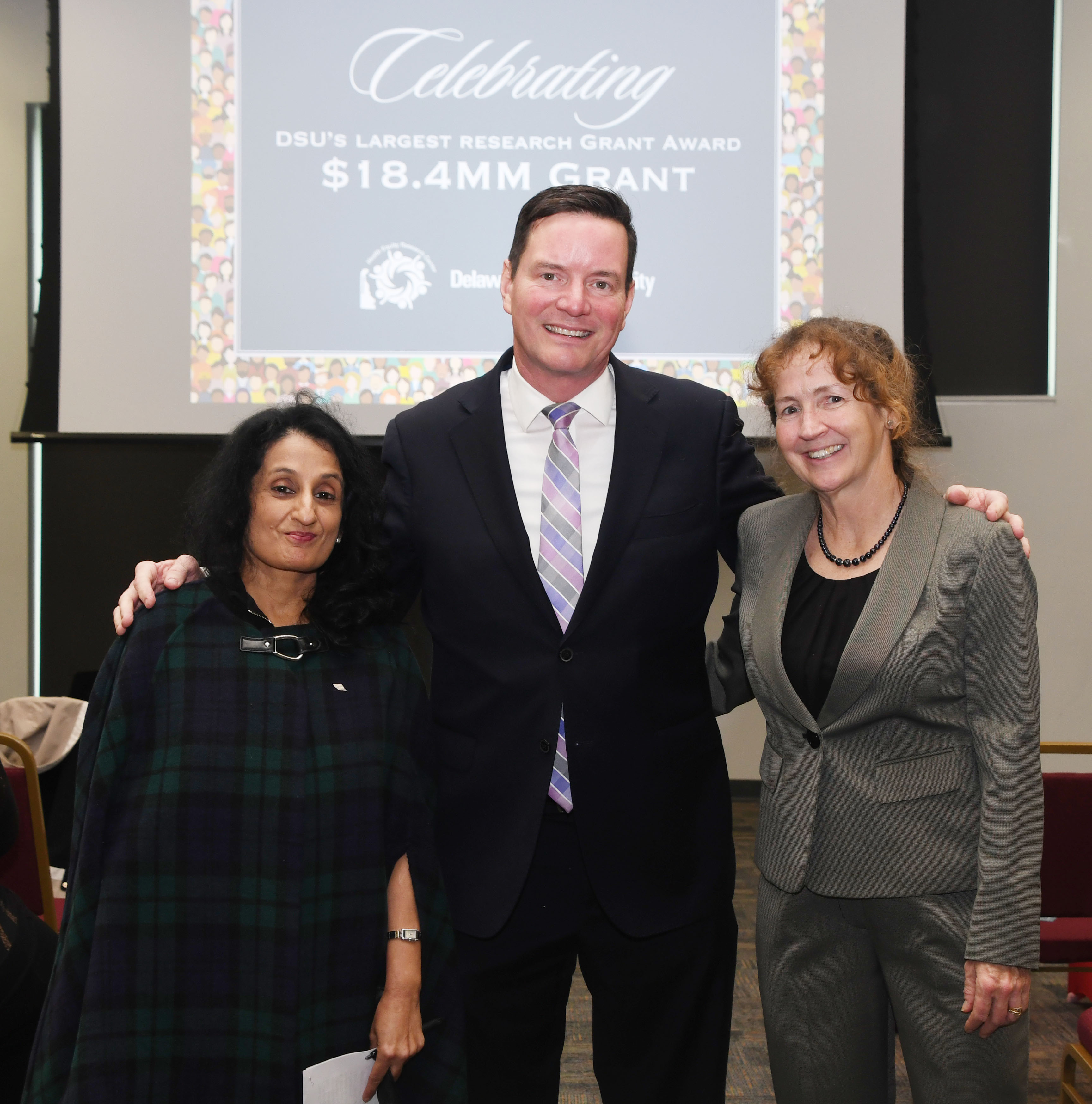State Sen. Trey Paradee pose with grant co-PIs Dr. Sangeeta Gupta and Dr. Melissa Harrington.