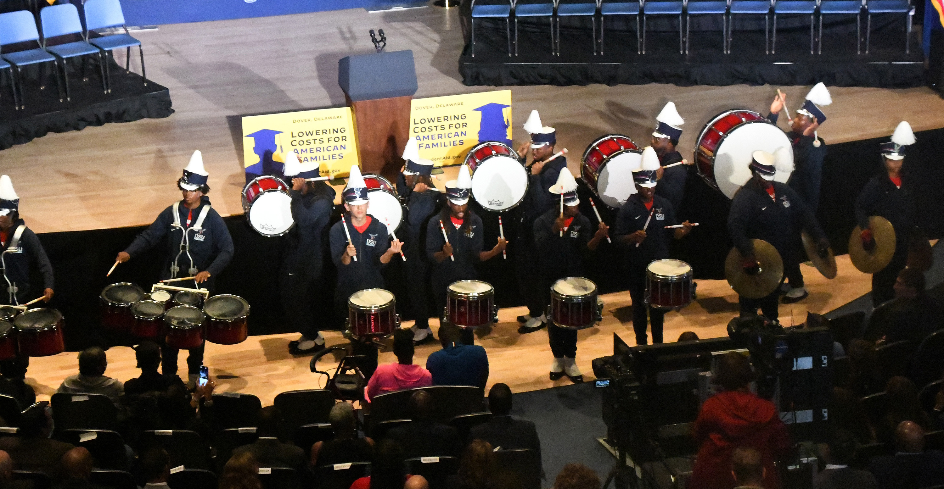 The University's Drum Line provided entertain while the over-900 people awaited the arrival of President Biden.