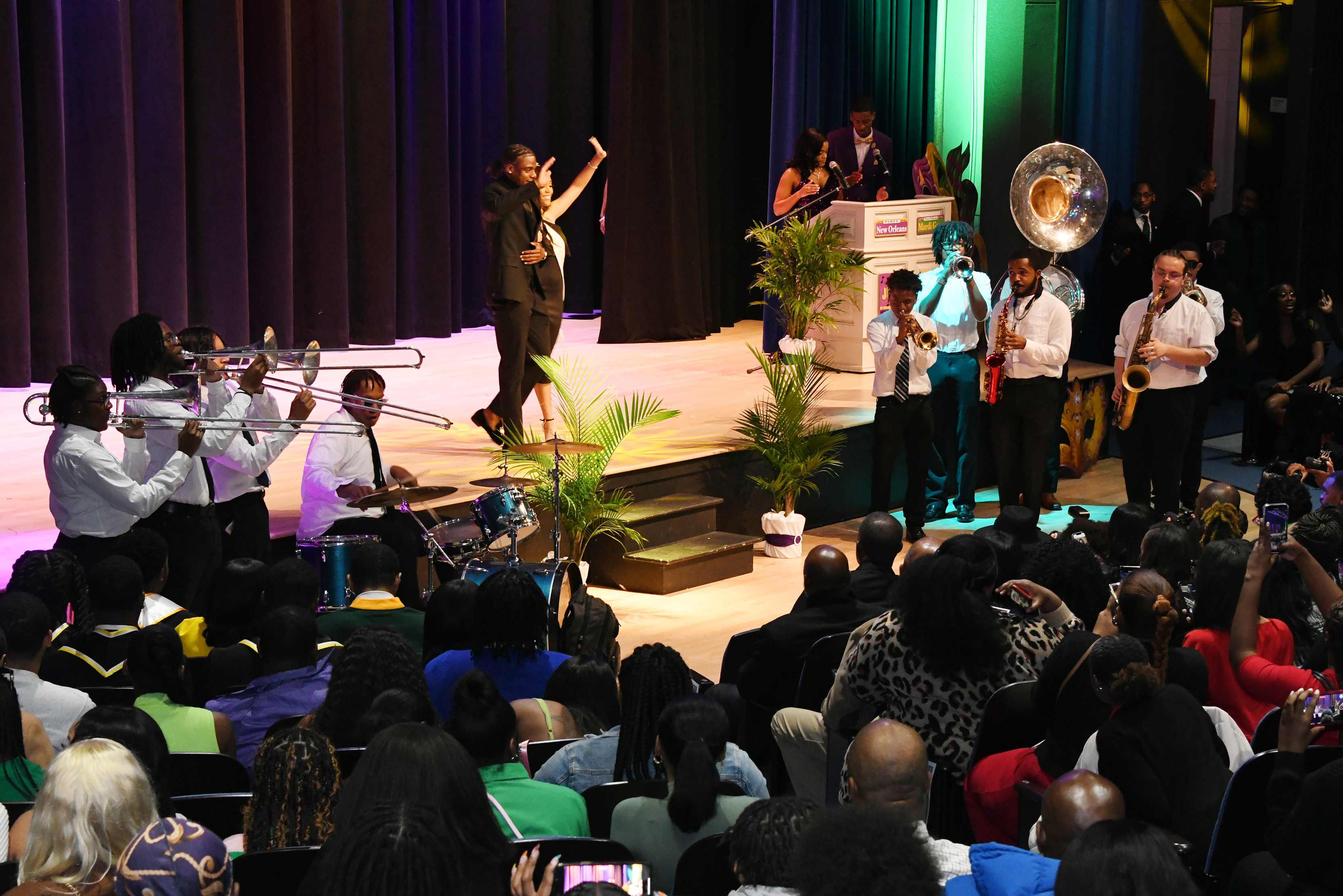 A DSU horn section provided a New Orleans jazz vibe to the Campus Kings and Queens strut.