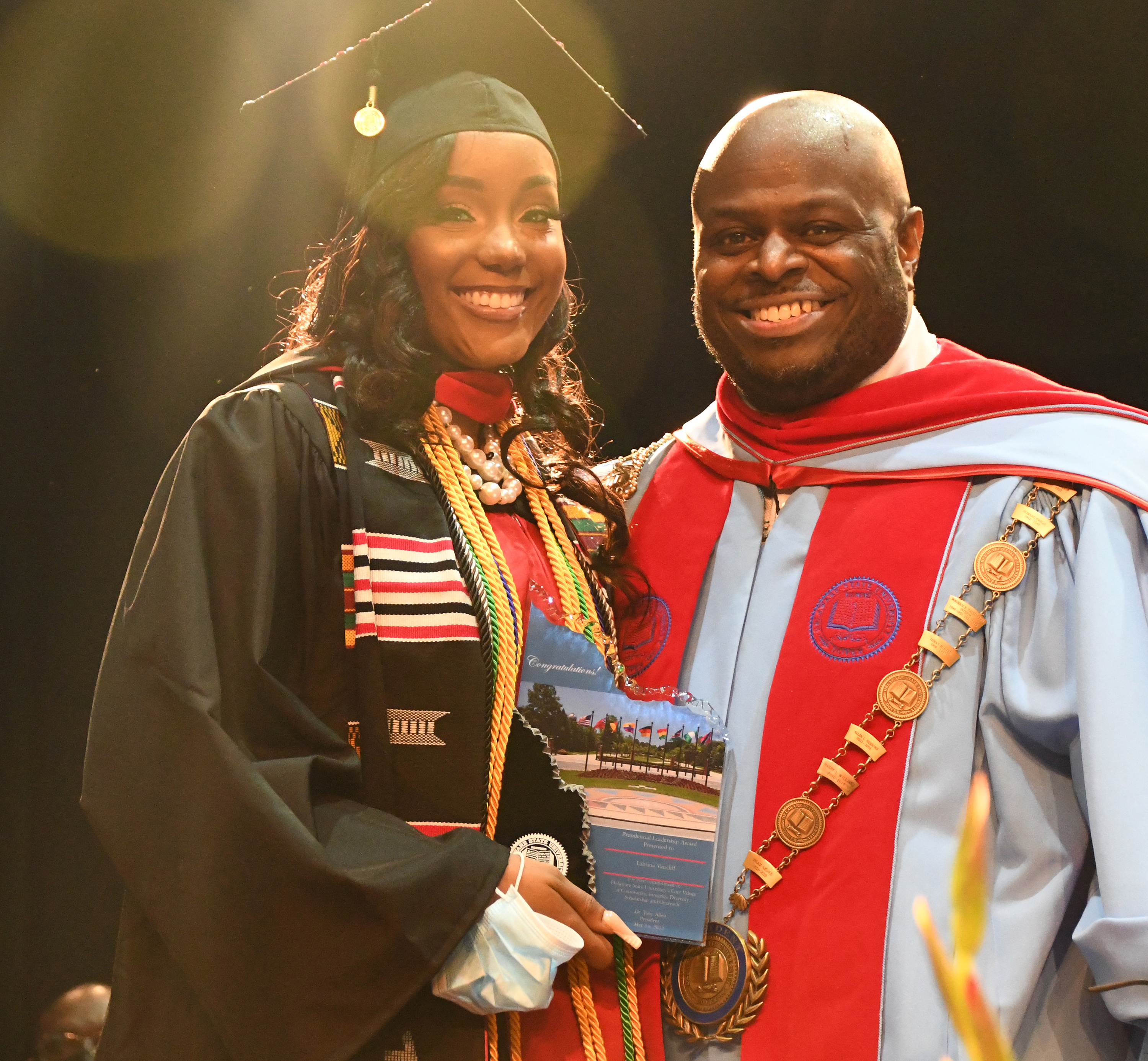 Presidential Leadership Award recipient Labrina VanCliff with University President Tony Allen