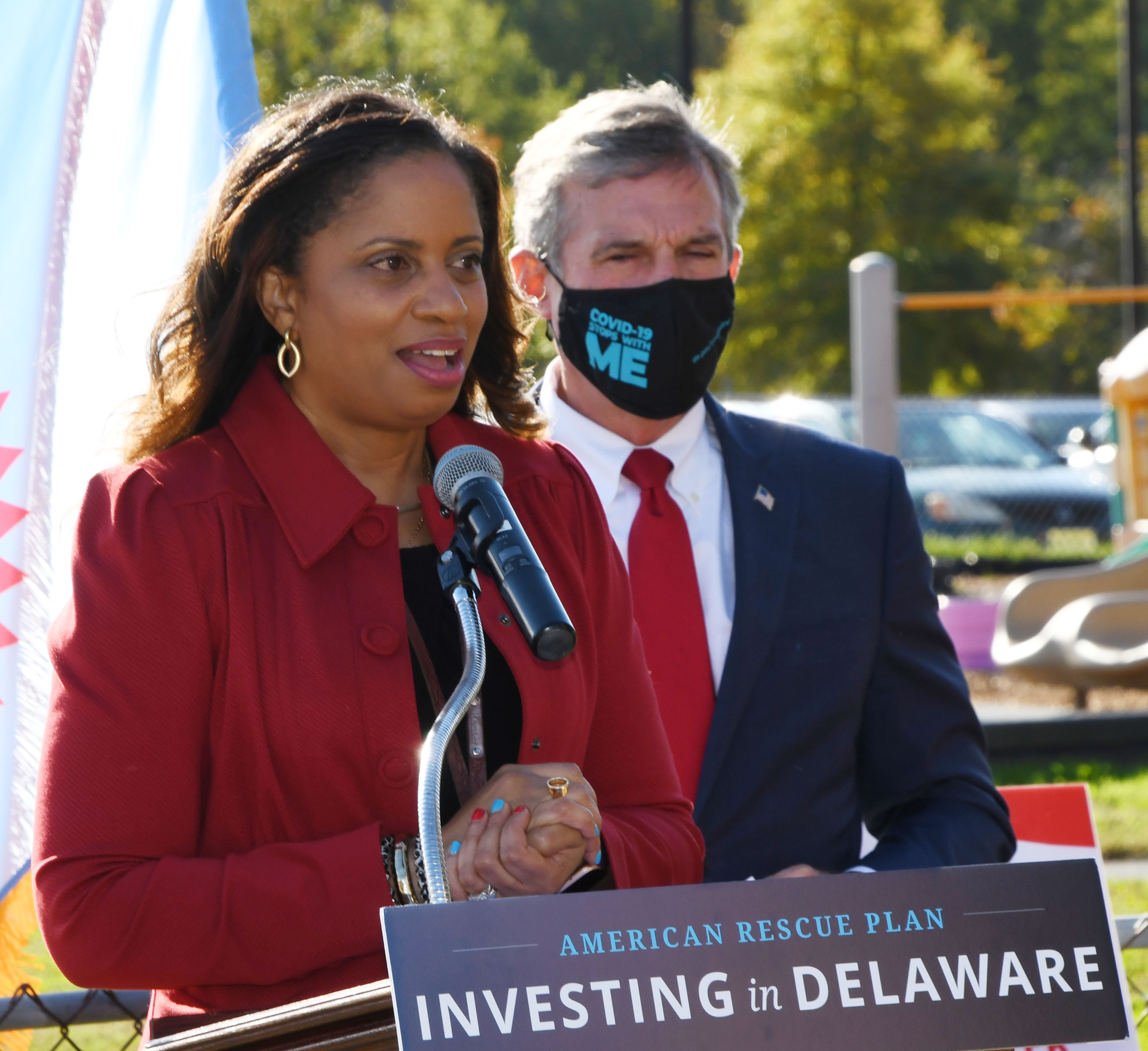 Del  State Ed. Dept. Chair Dr. Shelly Rouser, who will lead ECIC work, introduces Gov. John Carney during the media event.