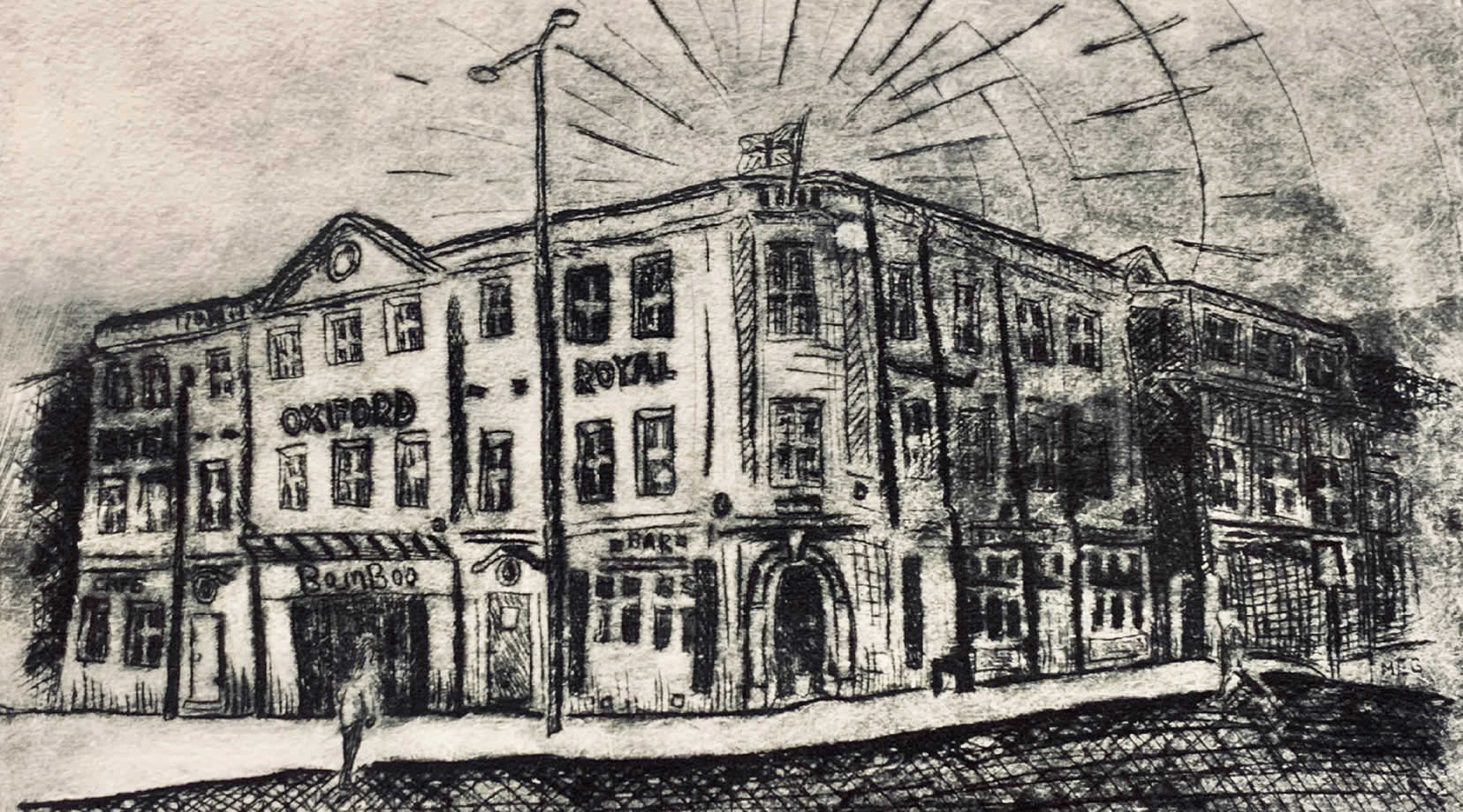 Oxford Hotel dry point etching by Meghan Hamilton