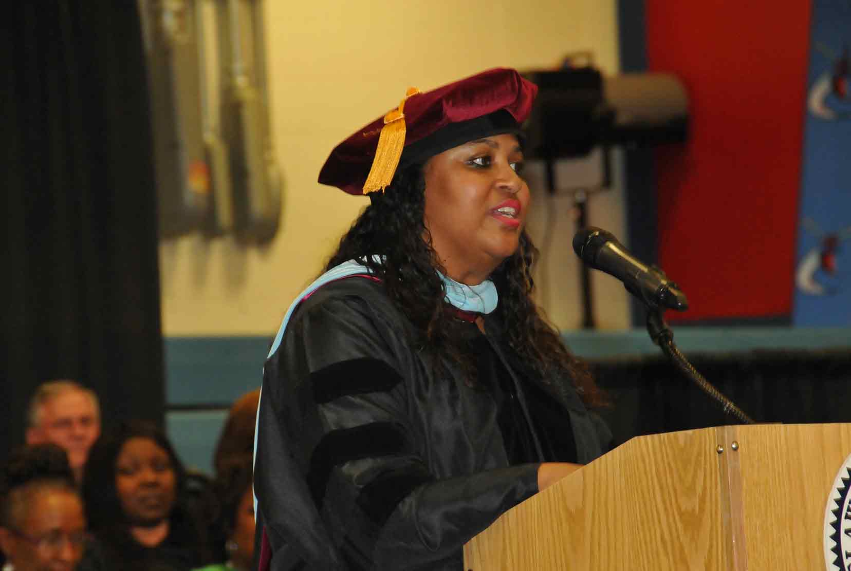 Dr. Evelyn Edney, Director of the University's Early College High School, shown here speaking at the school's first graduation ceremony in 2018, has been named as the 2021 Delaware Principal of the Year by the National Association of Secondary School Principals.