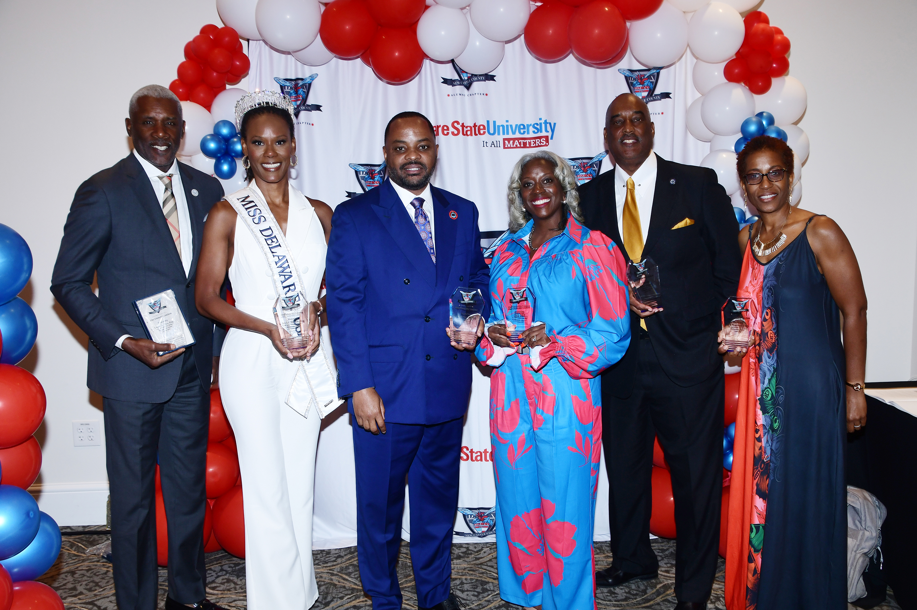(L-r) Awardees Leroy Tice, Tetra Shockley, Darius Brown, Tara Allen, Bruce Pinkett, and Kia O. Wyatt-Woolfolk.