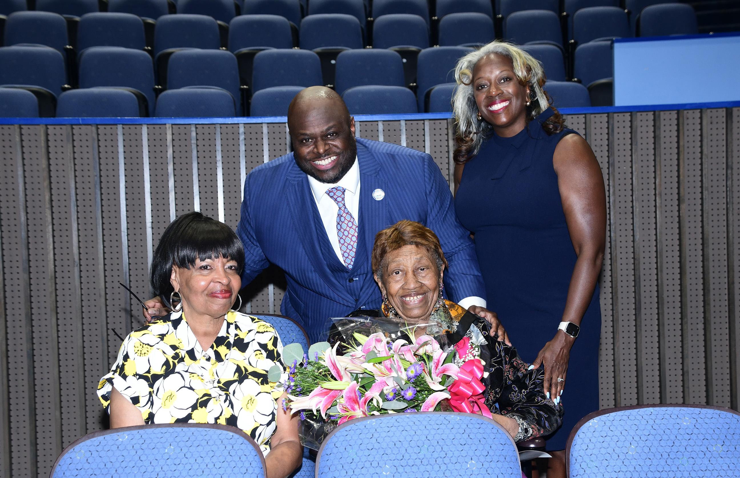 DSU President Tony Allen and First Lady Tara Allen pose with Dr. Morrison and her sister Cynthia McCray.