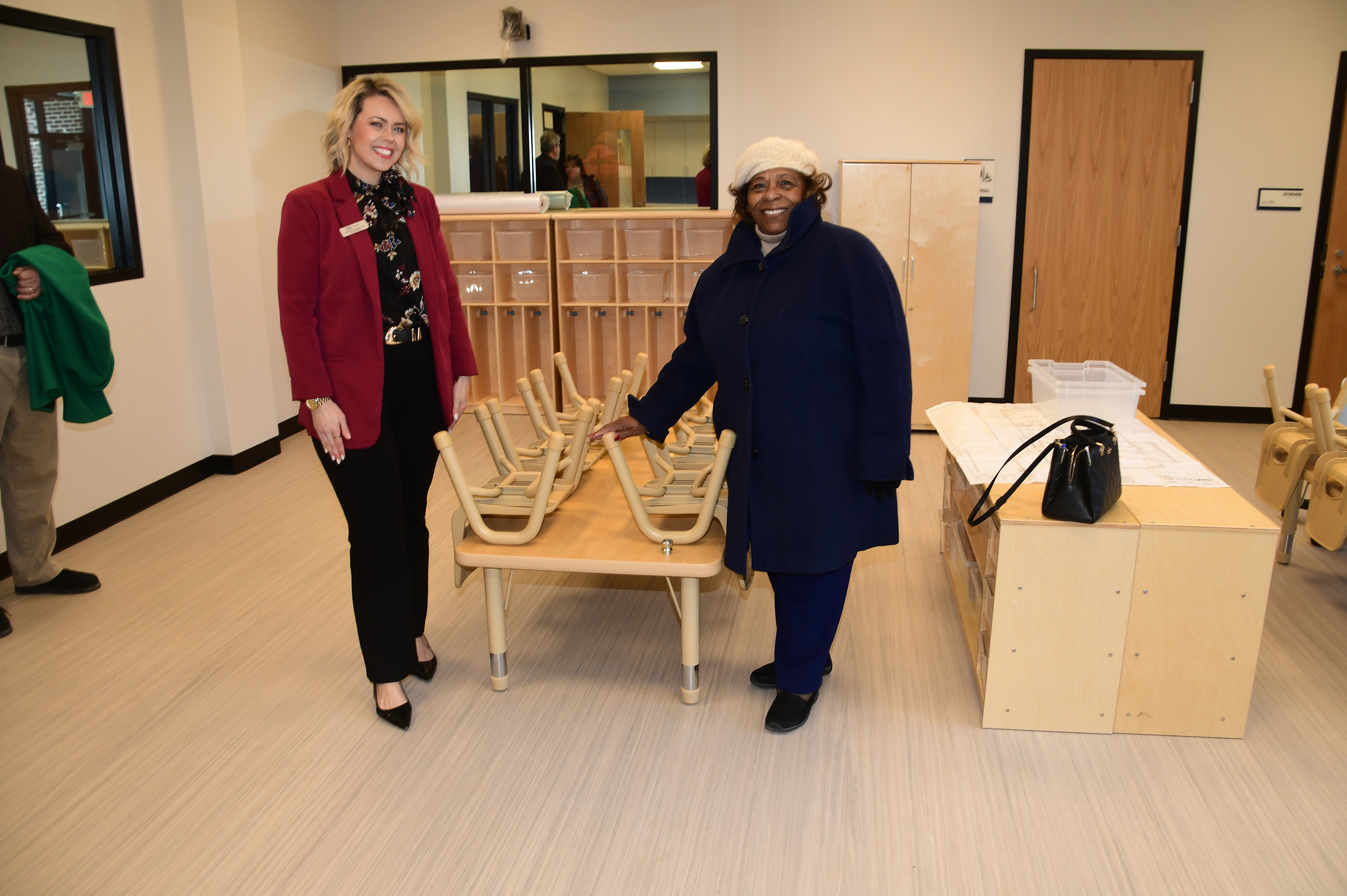 ECIC Director Dr. Kim Krzanowski and Dr. Wilma Mishoe of the Univ. Board of Trustees stand in one of the Lab School classrooms. 