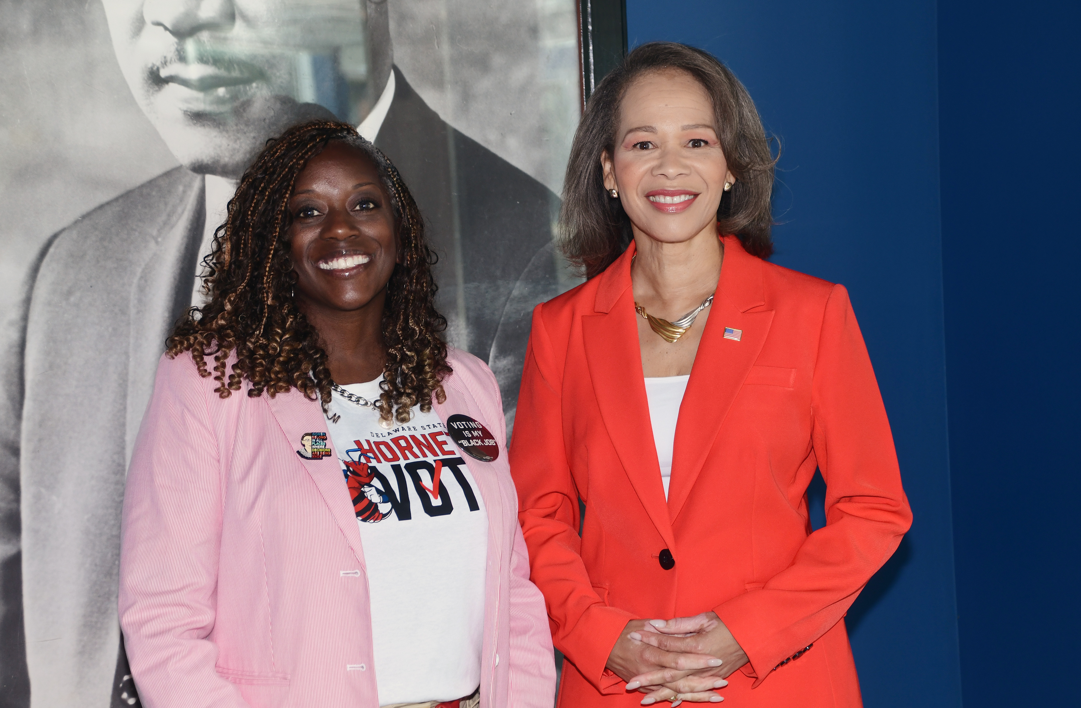 DSU First Lady Tara Allen (l) poses with Congresswoman Lisa Blunt Rochester, who gave opening remarks at the event.