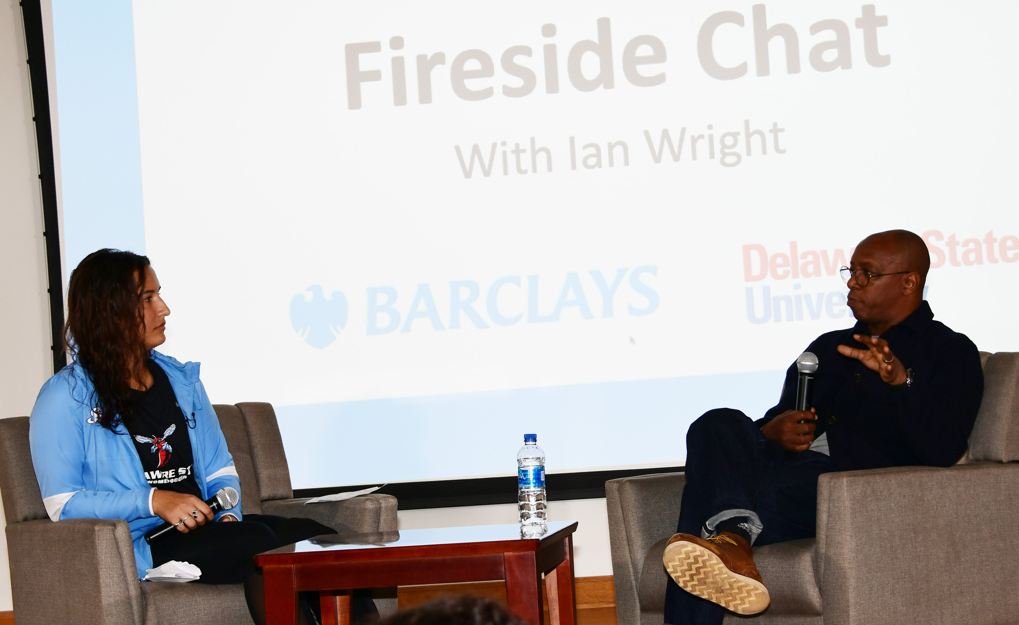 Iriona Shabani, senior Lady Hornet soccer member conducted the "fireside chat" with English soccer star Ian Wright.