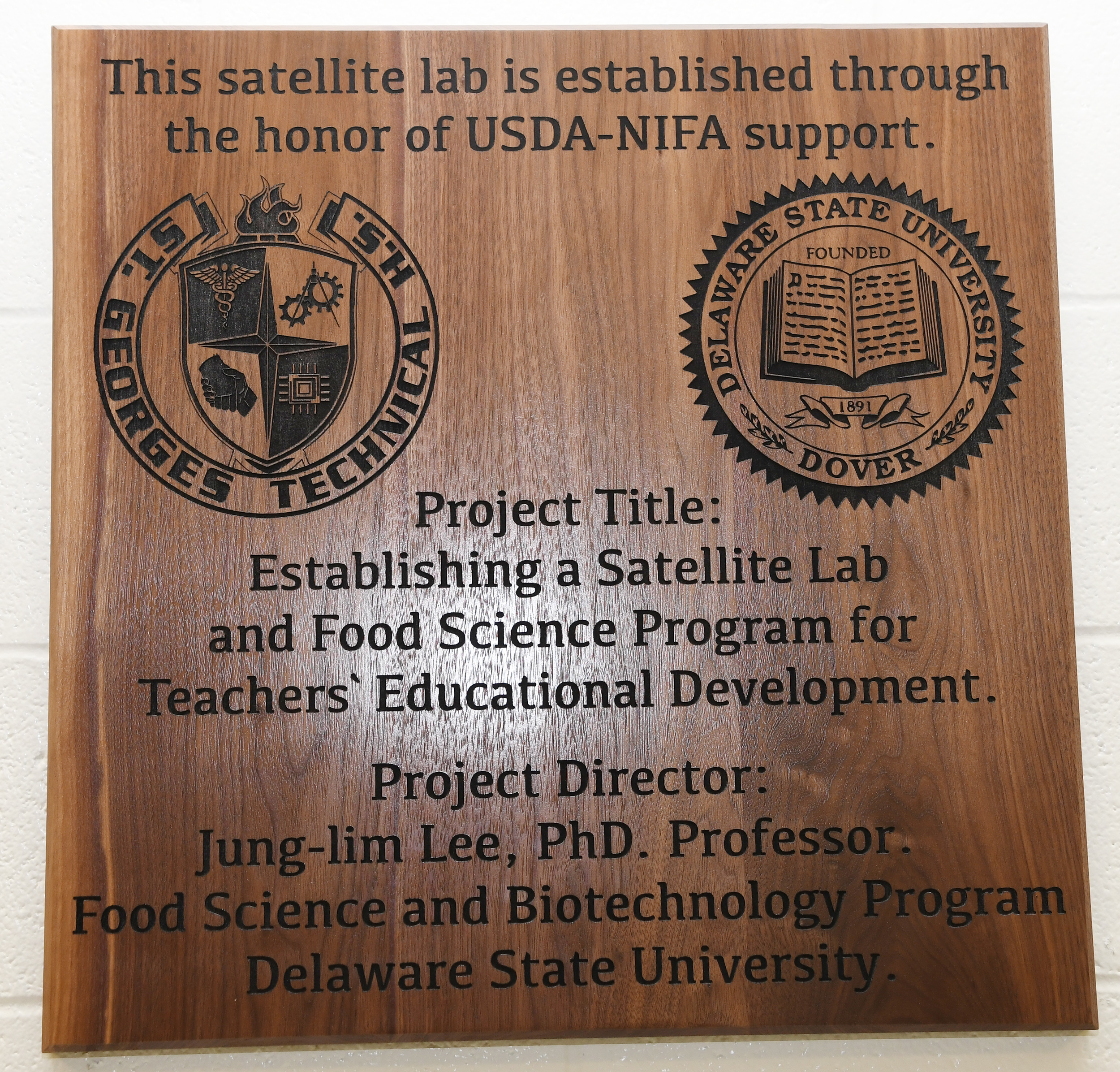 The beautifully done woodwork-made Satellite Lab sign 