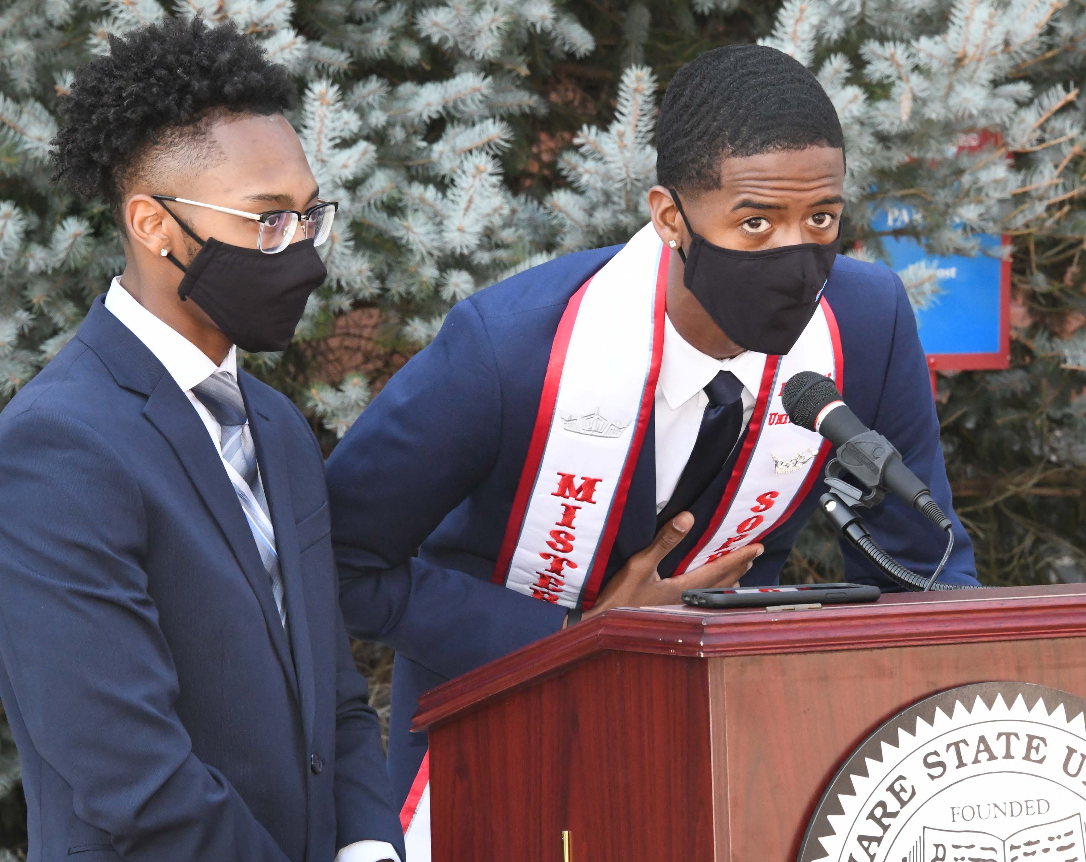 Jonte Simmons and Jordan Spencer, student representatives on the 130th Anniv. Committee, speak during the event.