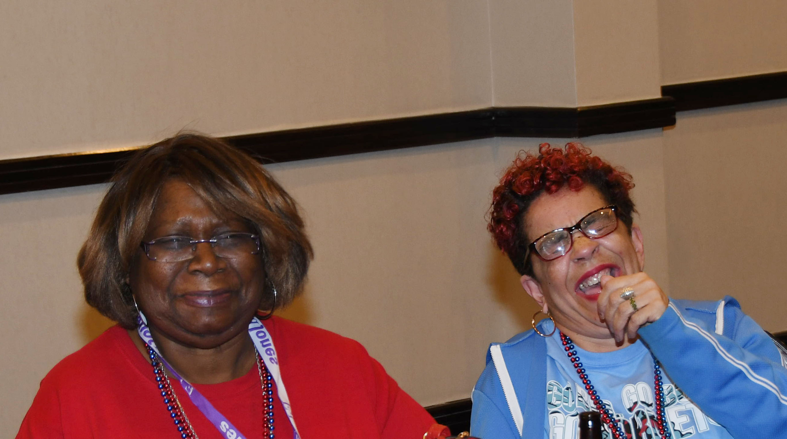 Frankie Manly and her close friend Armetris Howard, '78, share a laugh at 2020 MEAC Tourney.