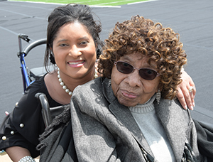 (L-r) MarquitaThomas Brown spends time with the oldest living DSU alumna -- 104-year-old Courtney Stevenson.