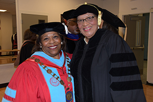 (L-r) University President Wilma Mishoe poses with the keynote speaker, U.S. Congresswoman Alma Adams.