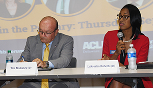 Democratic Attorney General candidates Tim Mullaney and LaKresha Roberts.