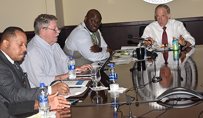 Sen. Tom Carper (far right) get input from (l-r) Dr. Tracey Hayes, Dr. Steve Newton and Dr. Tony Allen on FUTURE Act funding.