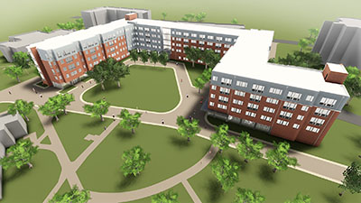 A rendering of the new five-story, 200,000-square-foot residential hall that will be built on the site.