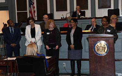 Dean Marsha Horton recognizes other University official who accompanied her and the students at Leg Hall.