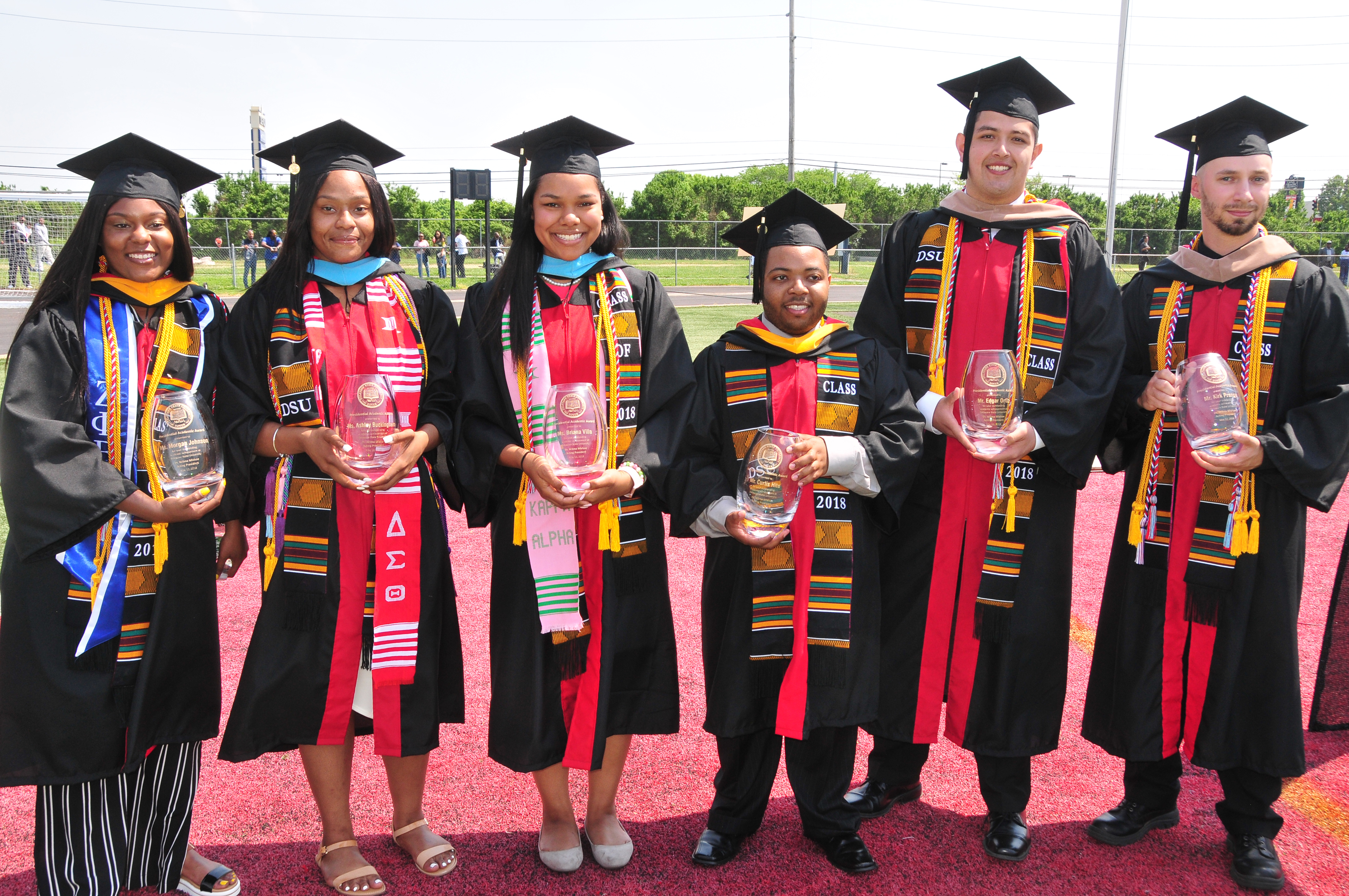 2018 Commencement's school-record 4.0 group: (l-r) Morgan R. Johnson, Ashley N. Buckingham, Briana Villa, Curtis A. Hite Jr., Edgar Ortiz and Kirk E. Prange. Not pictured: Ireanna Aleya Peete. Each one received the Presidential Academic Award.