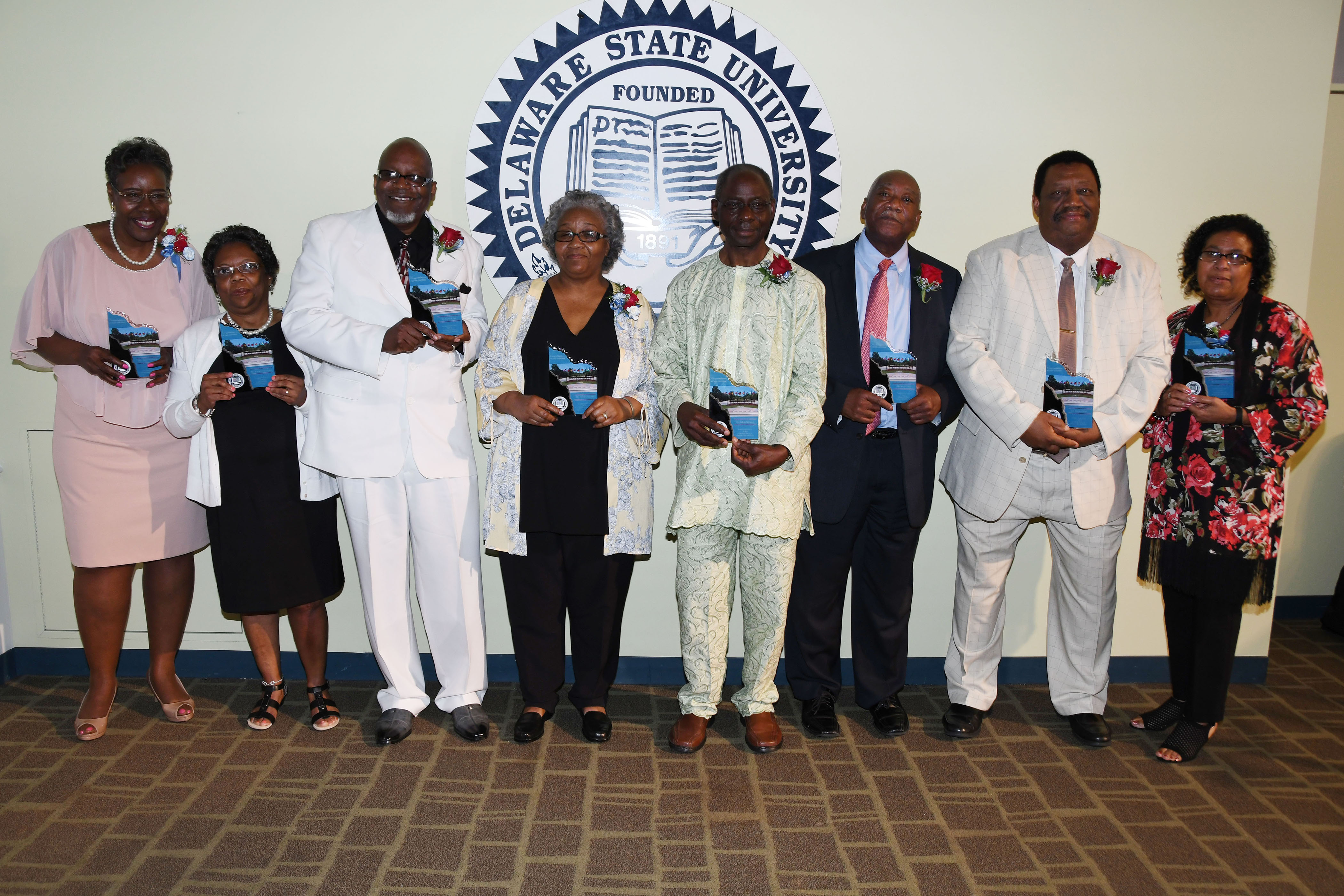 2018 DSU retirees: (l-r) Karen Robinson, Beatrice Thompson, Curtis Cross, Alethea Abrams, Dr. Fidelis Balogun, Bryant T. Bell, Dr. Chester Boyd and Frances Canon