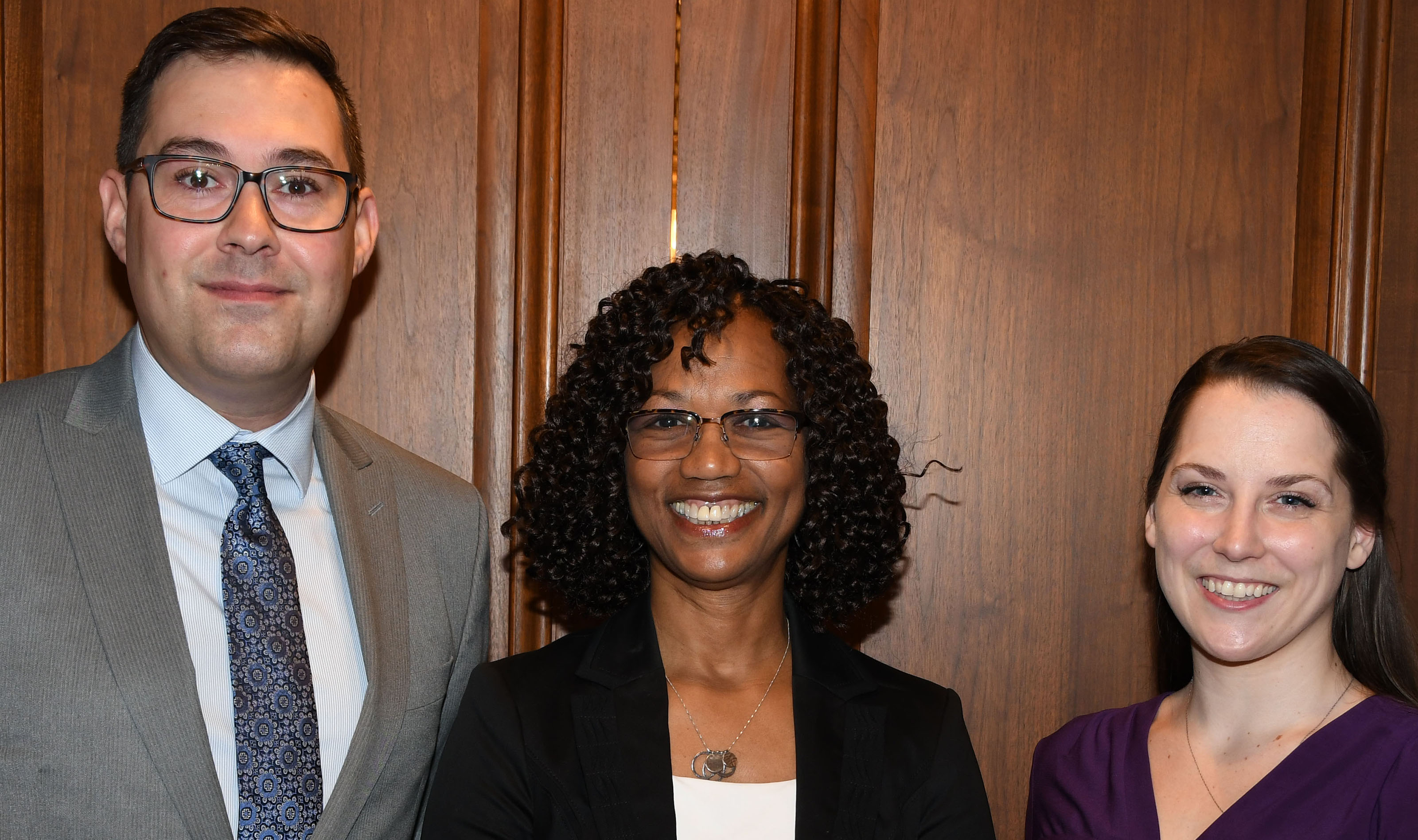 Dr. Sheridan Kingsberry (center), Delaware's 2018 Social Worker of the Year, poses with Michael Francum (l), executive director of the Delaware Chapter of the National Association of Social Workers, and Shannon Fisch, the president of the NASW-DE Board of Directors. 