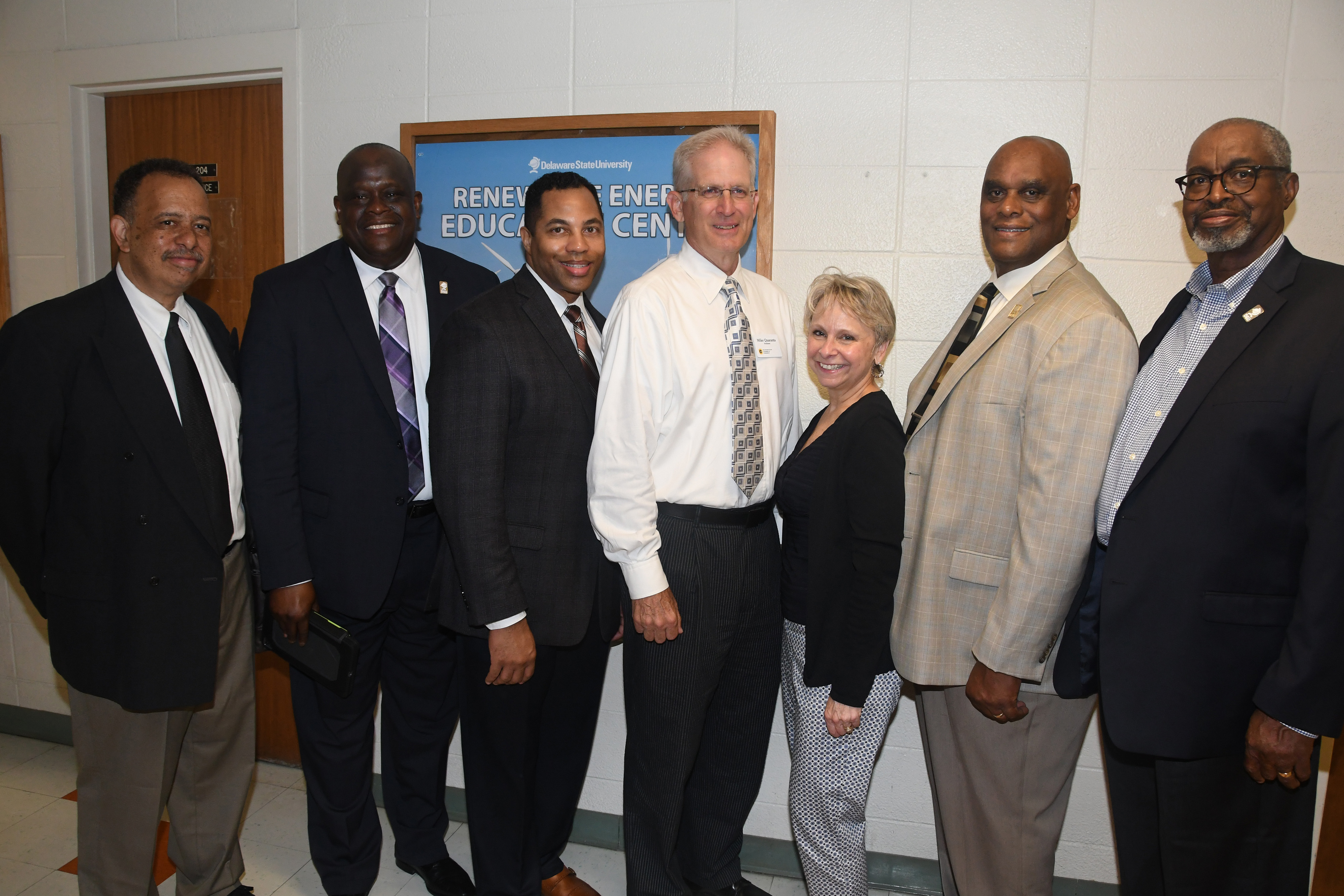 L-r) DSU’s Dr. Eric Cheek, assoc. VP of Continuing Ed; Antonio Boyle, VP of Strategic Enrollment; LaShawne Pryor; director of corporations/foundations; Delaware State Chamber of Commerce President Mike Quaranta and Central Delaware Chamber of Commerce President Judy Diogo; along with DSU’s William Pickrum, REEC project management; and Dr. Dyremple Marsh, dean of the College of Agriculture, Science and Technology. 