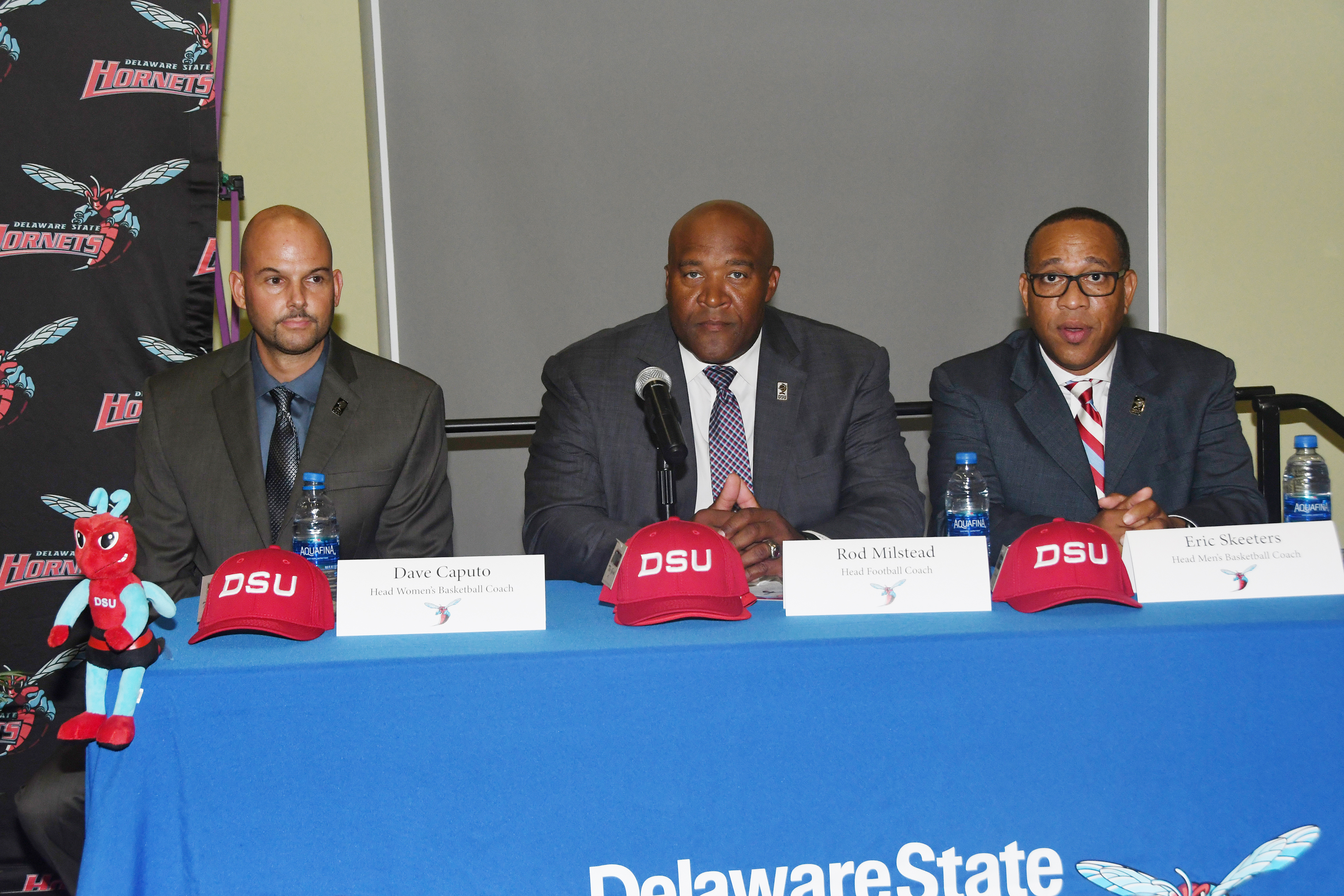 Hornet alumni and supporters were able to meet (l-r) Head Women's Basketball Coach Dave Caputo, Head Football Coach Rod Milstead and Head Men's Basketball Coach Eric Skeeters during the Aug. 29 Meet and Greet event.