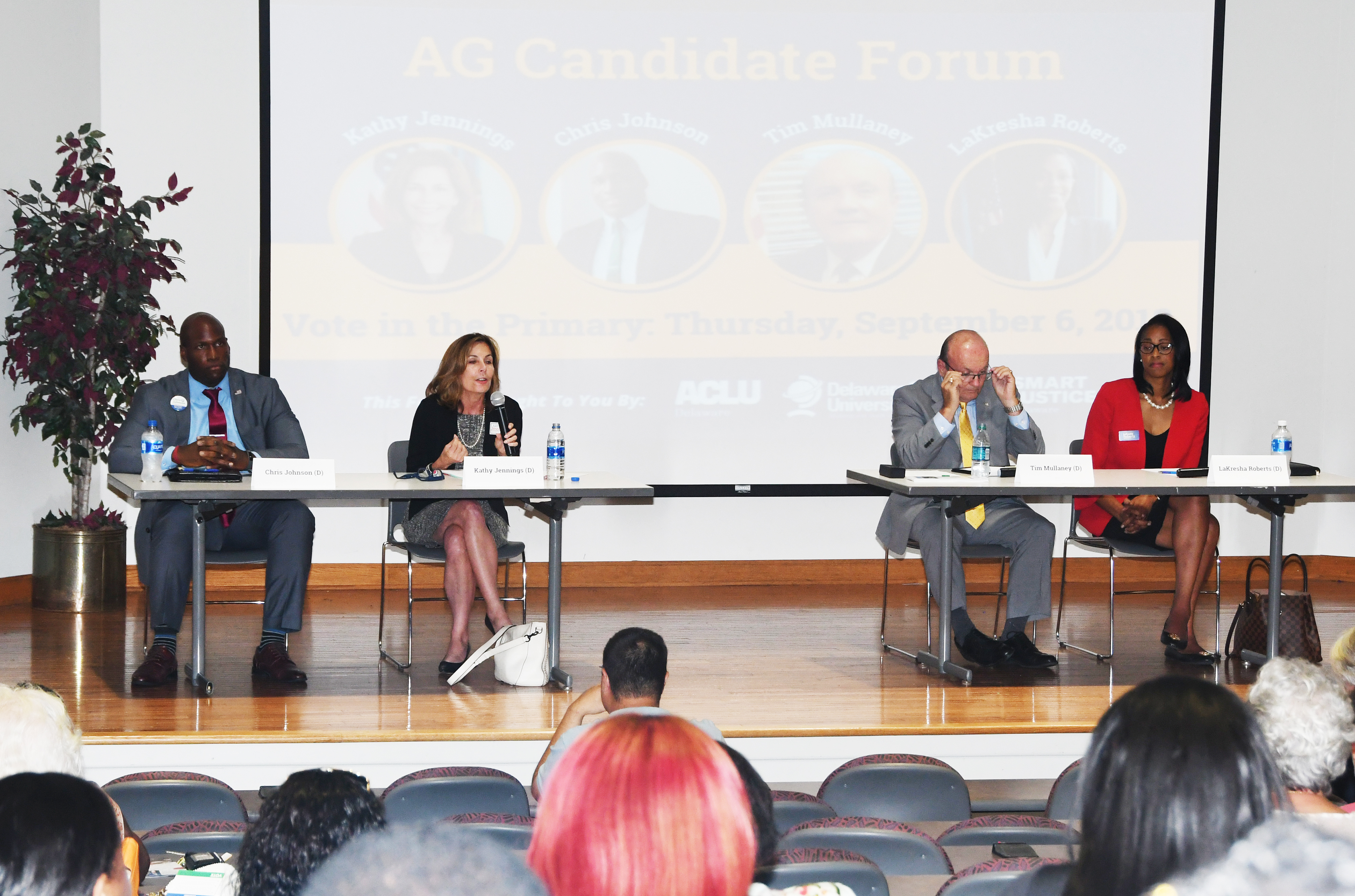 Democratic Attorney General candidates (l-r) Chris Johnson, Kathy Jennings, Tim Mullaney and LaKresha Roberts shared their views on mass incarceration and other criminal justice system issues during the ACLU's AG Forum held at DSU on Aug. 29.
