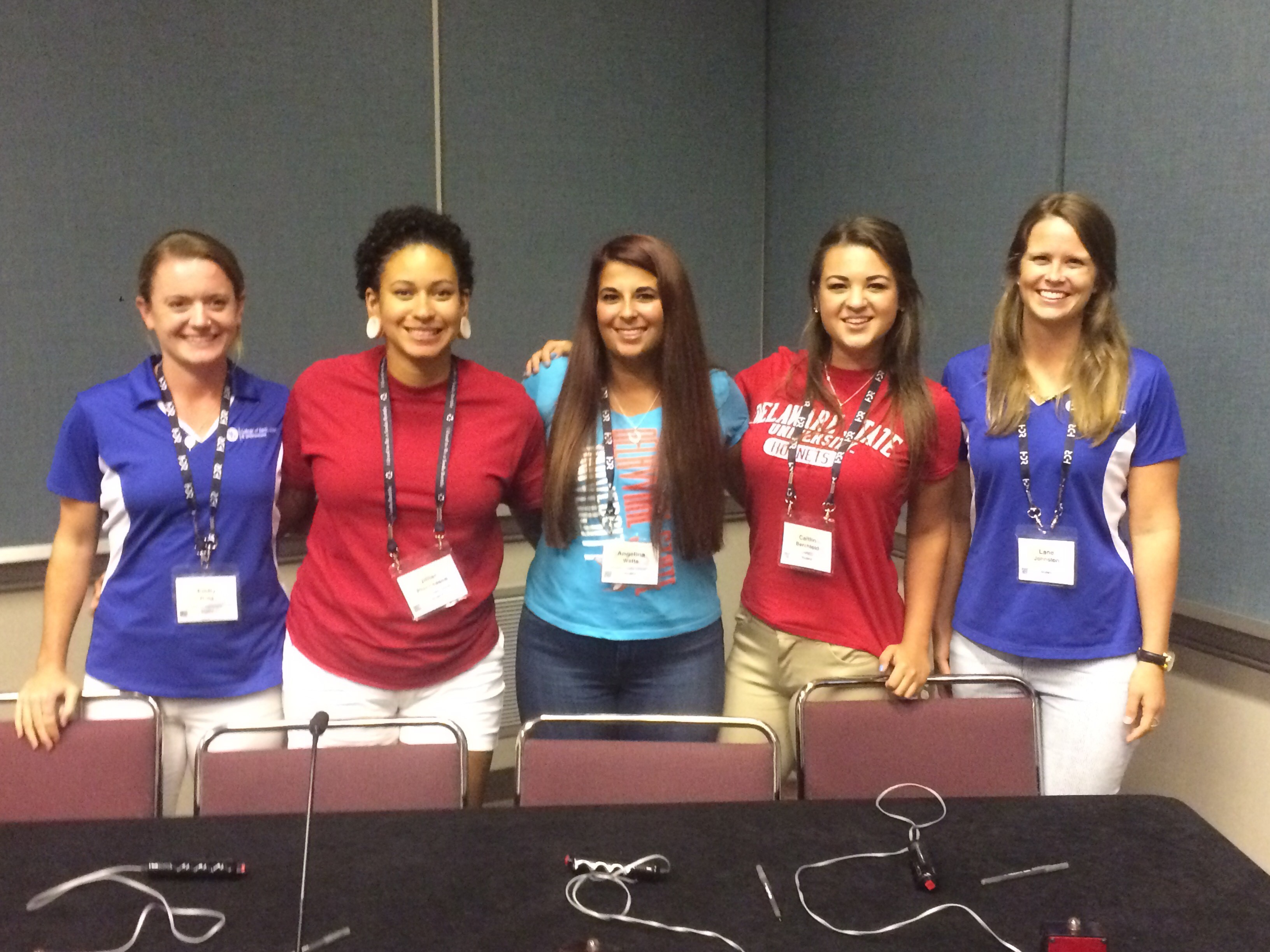 The first place joint Delaware State University-UD "DE-fenders of the Deep" Quiz Bowl team -- (l-r) Emily Ruhl of UD; Delaware State University's Jillian Phinnessee, Angelina Watts and Caitlin Berchtold; Lane Johnston of UD. The team won the American Fisheries Society first-ever Quiz Bowl at the organization's recent annual meeting in Atlantic City, N.J.