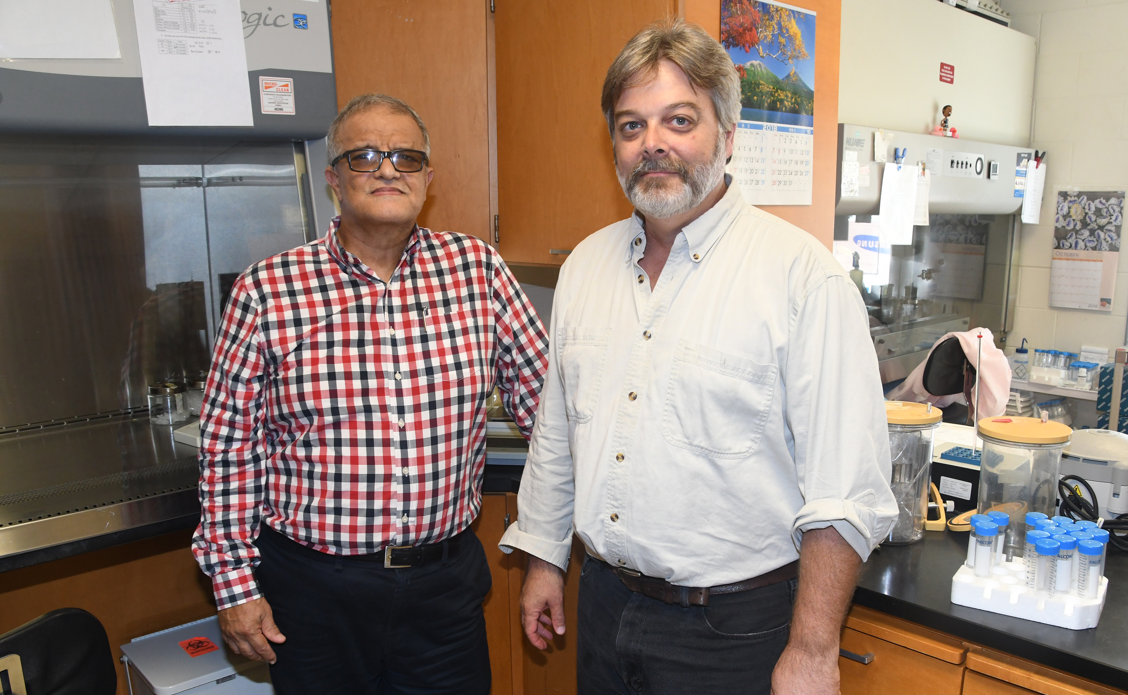 Dr. Aristides Marcano (l), Professor of Physics and principal investigator of the grant, will collaborate with Dr. David Kingsley of the Food Safety Lab on campus on laser research that could lead to improvements in the way foods and biologicals are sanitized.