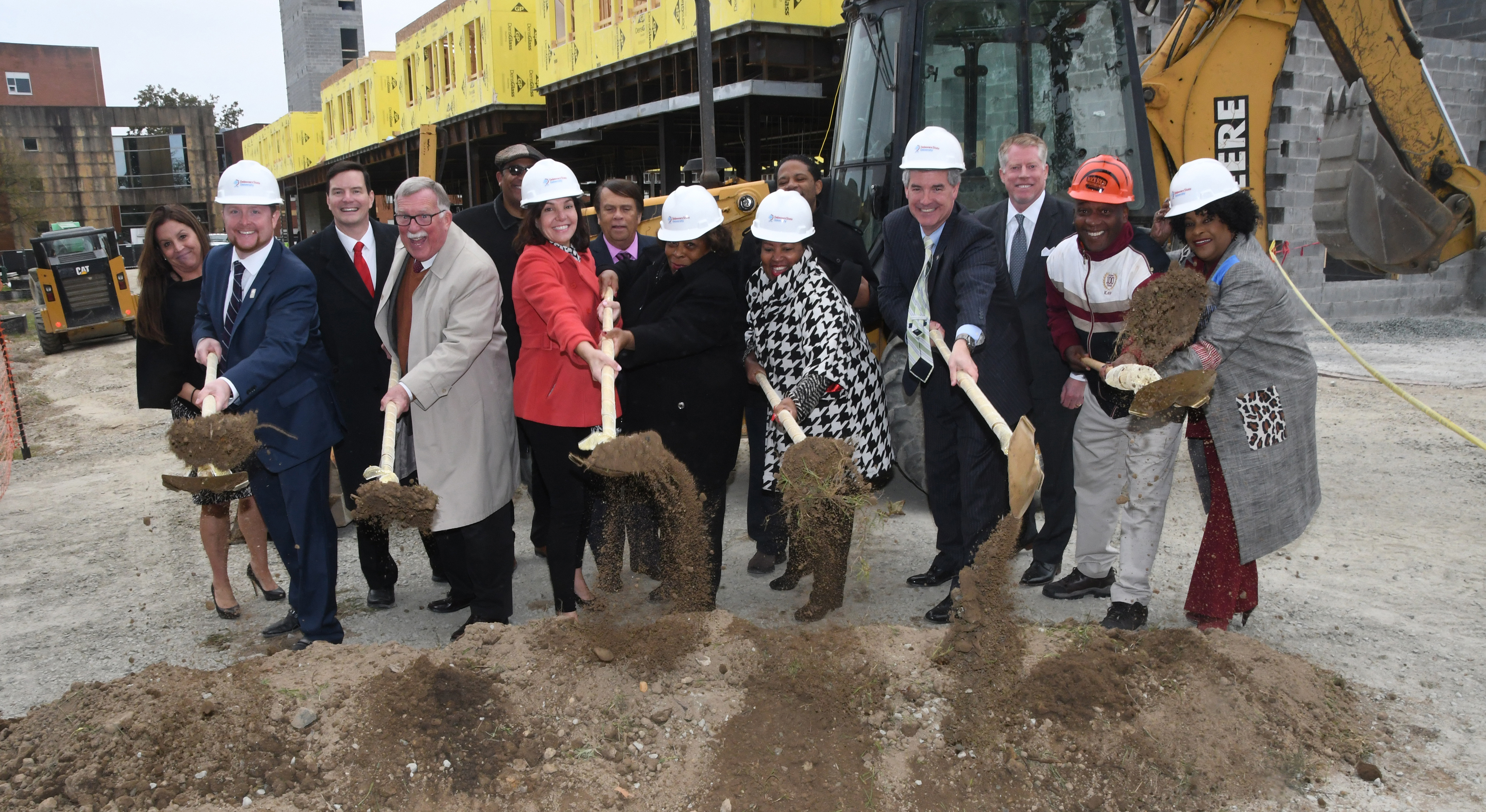 Groundbreaking crew (l-r): J.D. Bartlett, VP of Capital Planning and Facilities Mgmt.; Sen. Brian Bushweller, Trustee Kathy McGuiness, University President Wilma Mishoe, Board Chairperson Devona Williams, DNREC Secretary Shawn Garvin, University alumnus Norman Oliver, and state Rep. Stephanie Bolden.