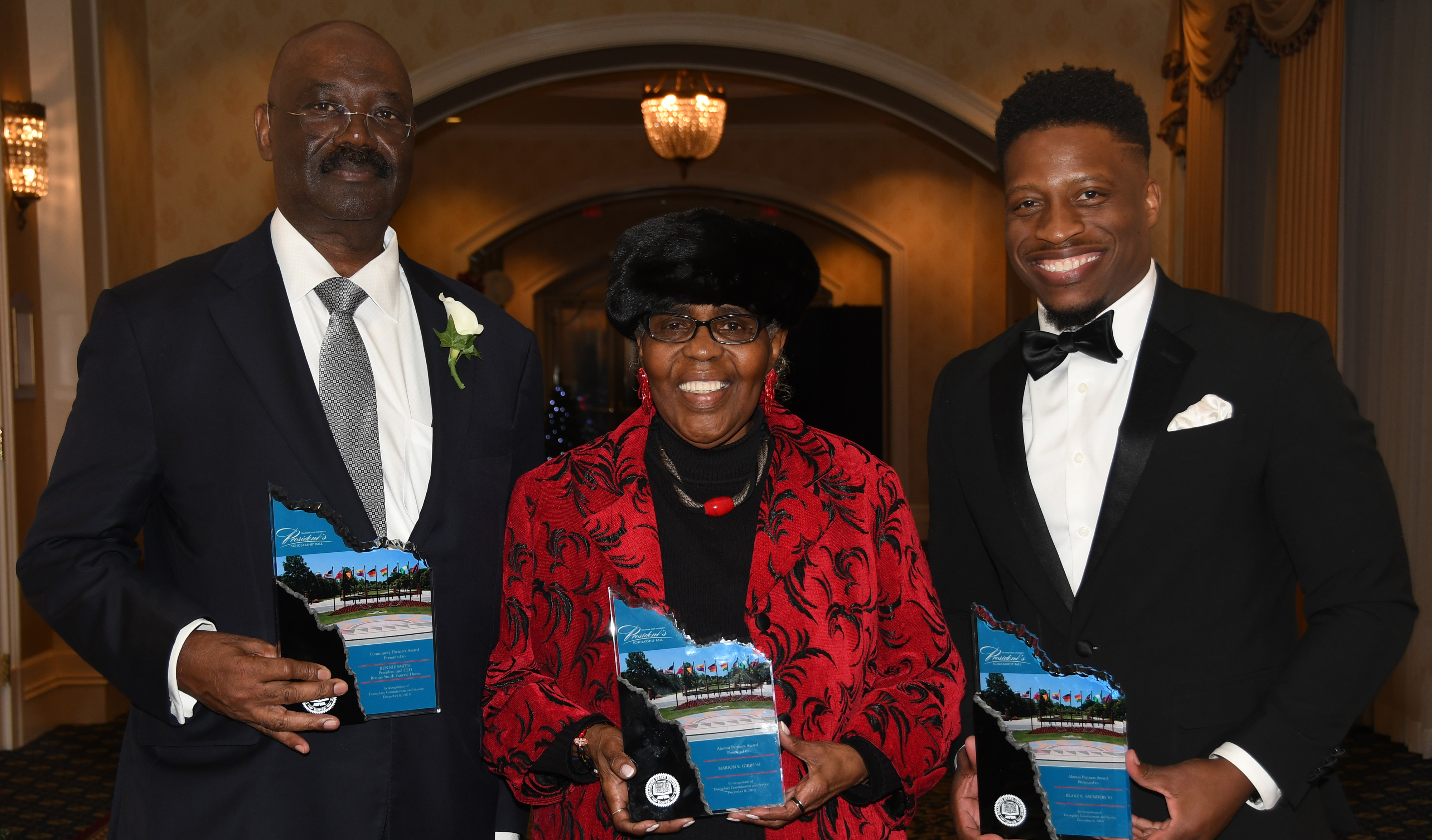 The 2018 President's Scholarship Ball's University Partners Award recipients: (l-r) Bennie Smith, Marion E. Gibbs and Blake R. Saunders. 