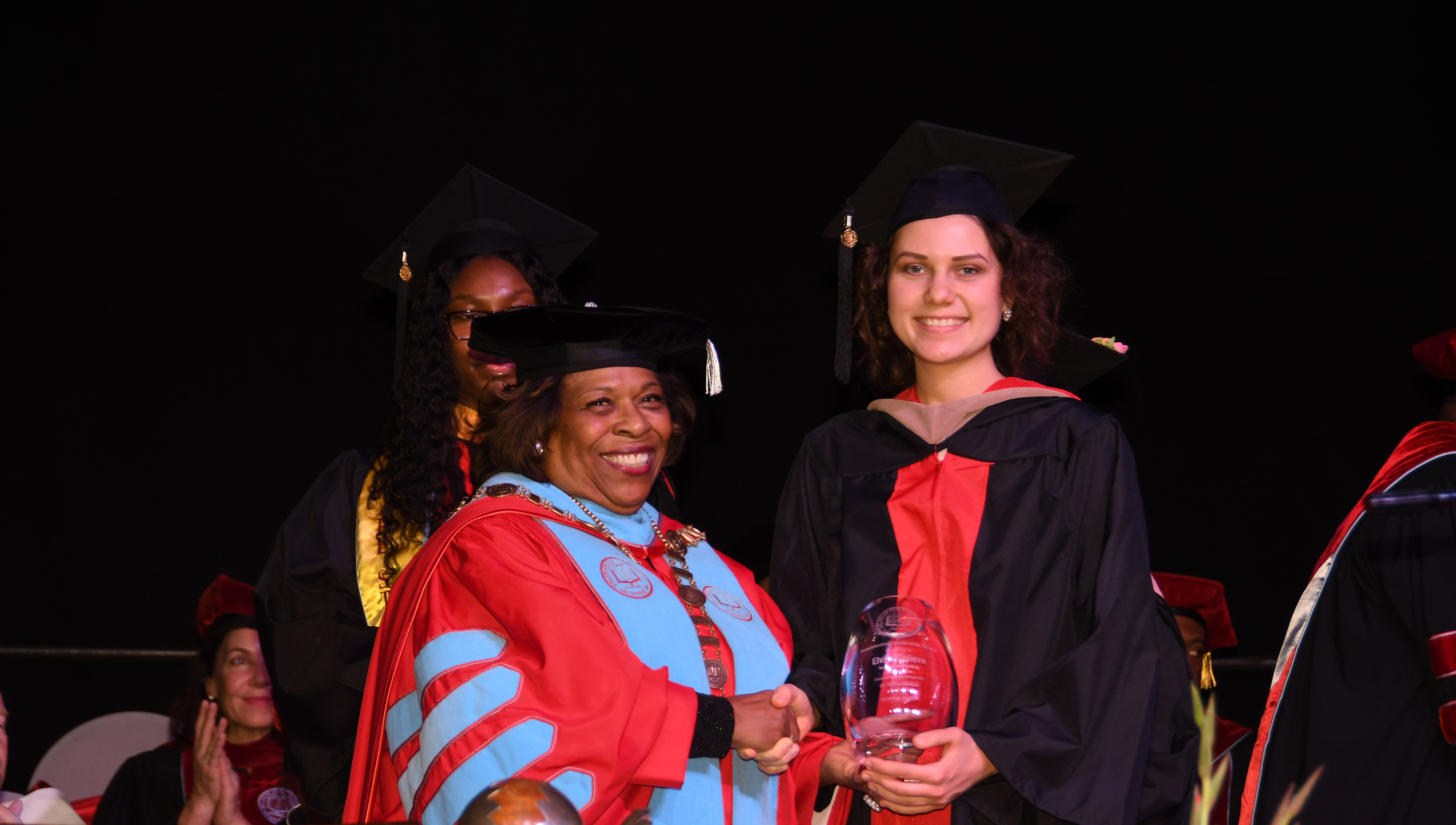 University President Wilma Mishoe stands with Elvira Galieva, who she presented both the Presidential Academic and Leadership awards during the December Commencement Ceremony. 