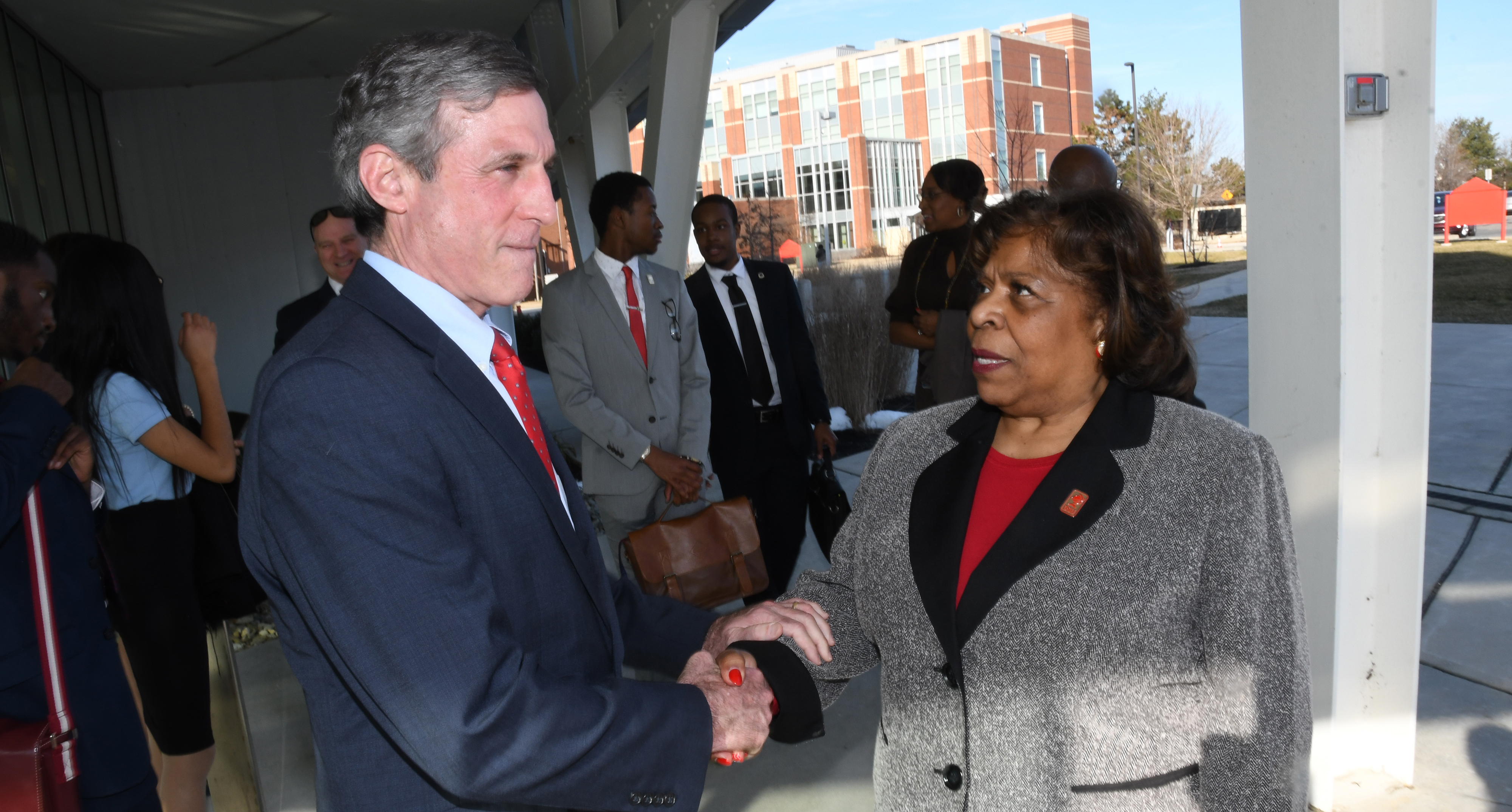 Gov. John Carney is thanked by University President Wilma Mishoe for his visit to the campus on Feb. 5.