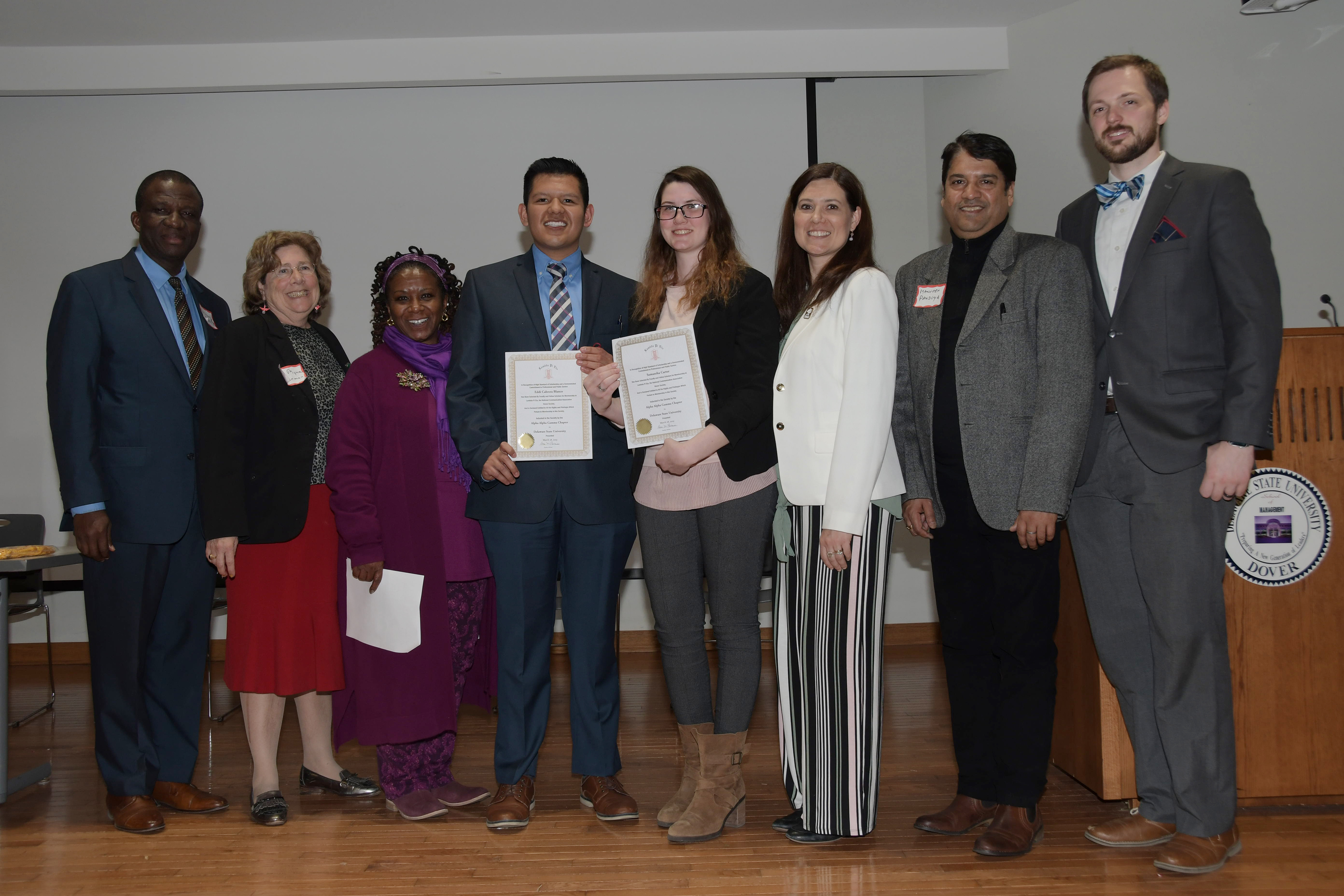 (L-r) Dr. Daniel Awodiya, Dr. Myna German, Ava Perrine, newly inducted Lambda Pi Eta inductees Eddi Cabrera and Samantha Carter, Renee Marine, Maneesh Pandeya and Zak Kimbell. Mr. Cabrera and Ms. Carter were inducted in the honor society during the final session of MCVPA Day.