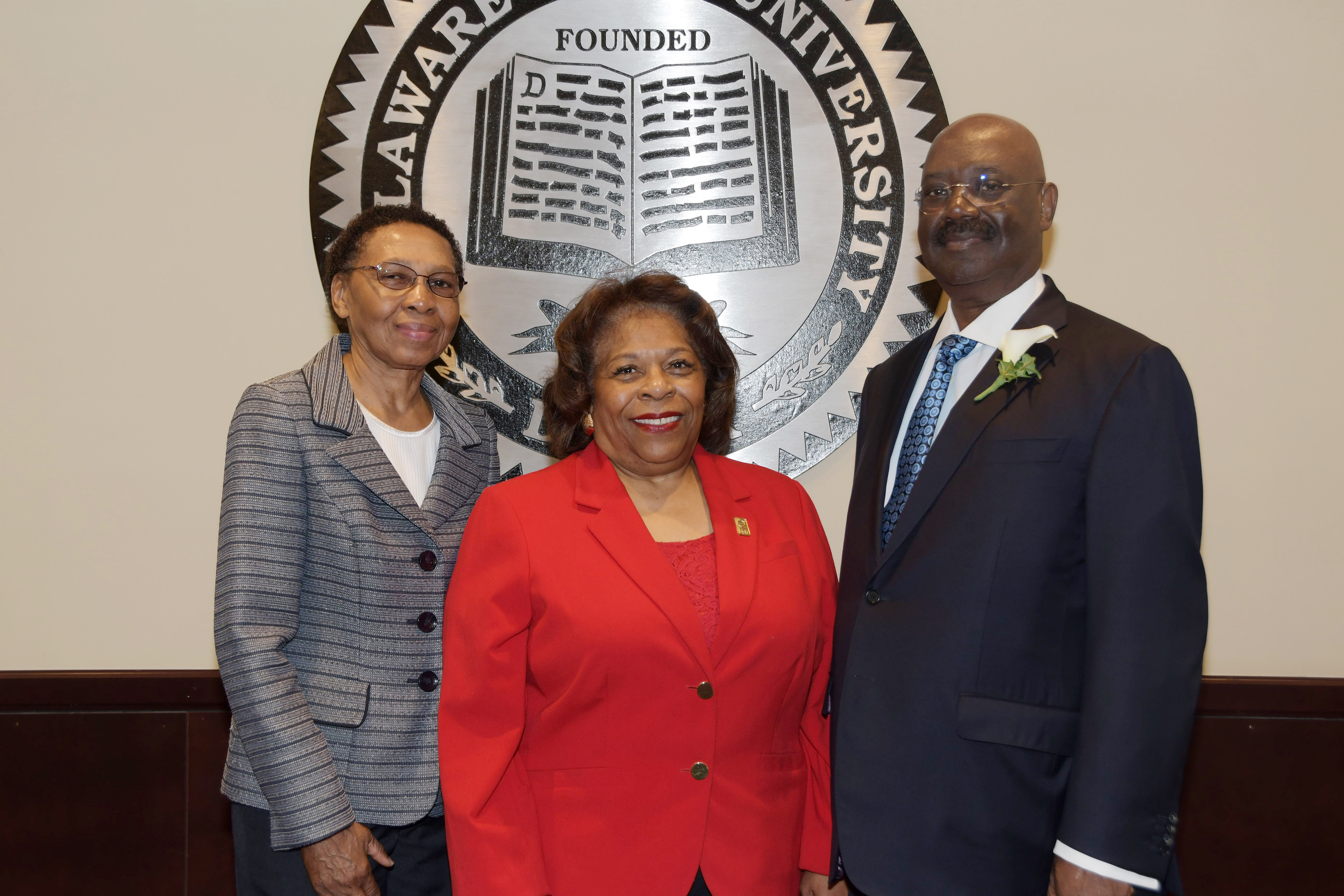 University President Wilma Mishoe poses with Shirley and Bennie Smith after the couple added an additional $20,000 to the scholarship endowment they established in 2017.