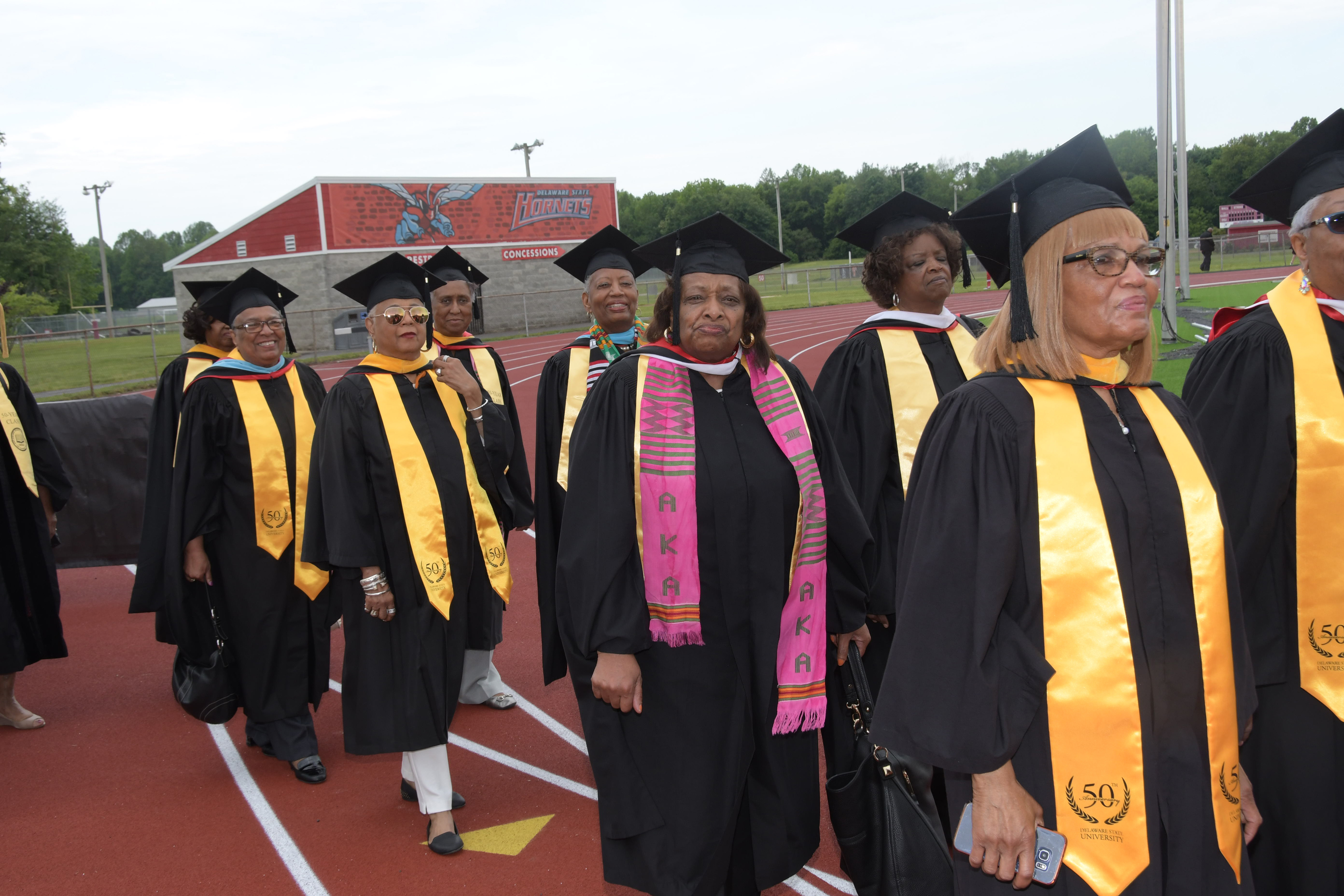 The Class of 1969 march out onto Alumni Stadium to take part in the May 11 Commencement Ceremony.