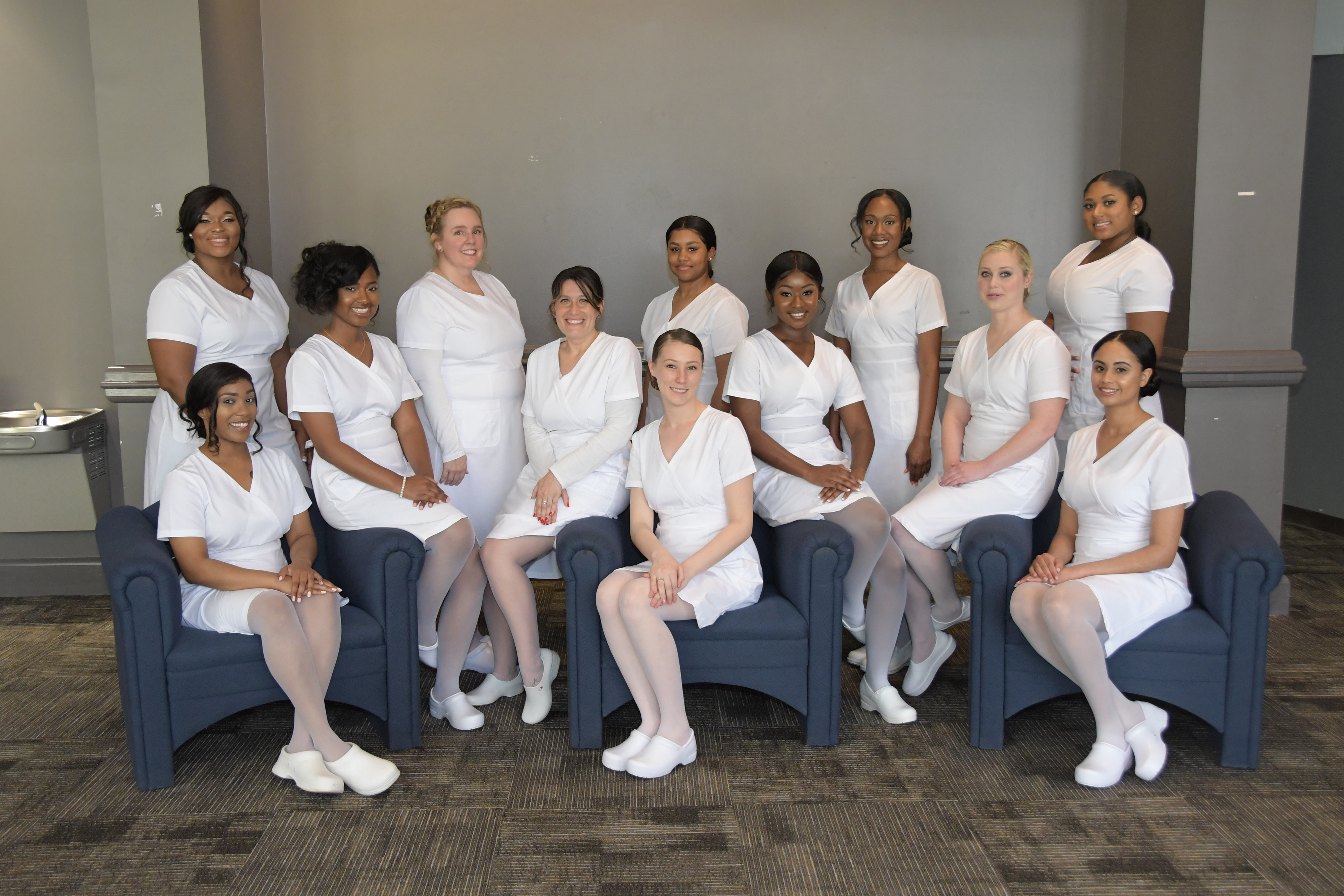 2019 Nursing Class: (seated l-r) Michelle Branch, Nakia Griffin, Lauren Heintzelman, Caitlyn Haberle, Gabriella Crooks, Chelsea Panchisin, Gabrielle Vascos; (standing l-r) Breana Dunn, Michelle Ende, Dajah Bryant, Alexah Liverman and Phylicia Wittock.