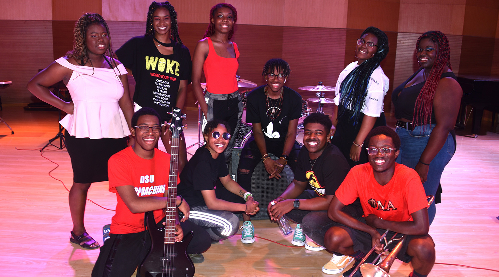 Members of the DSU Popular Music Ensemble are: (kneeling l-r) Kamin Clark, Imani Sulleman, Issachar Scroggins and Glamu Kpov; (standing l-r) Chloe Humphrey, Aishah Bradley, Beauty Marsh, Davyn Parham, Nireh Traylor and Mozella Matthews.