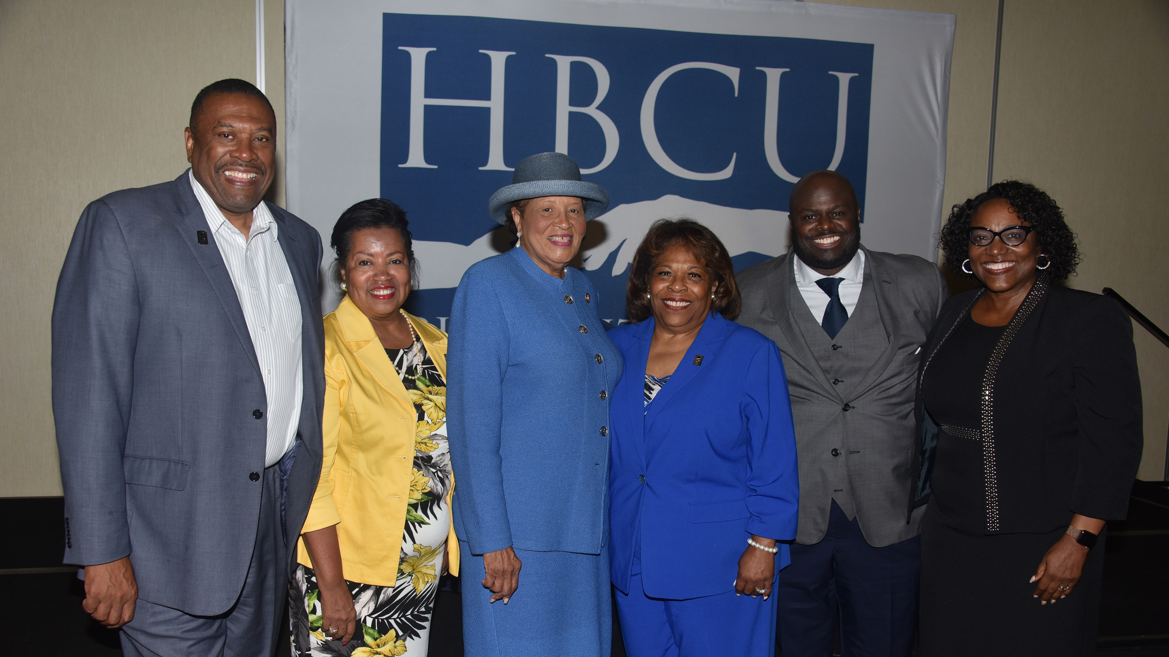 (L-r) John Ridgeway and Dr. Devona Williams, University Board vice chair and chair, respectively, keynote speaker U.S. Rep. Alma Adams, University President Wilma Mishoe, Provost Tony Allen, and Dr. Vita Pickrum, vice president of Institutional Advancement, take a photo moment at the 9th annual Philanthropy Symposium hosted by Delaware State University.