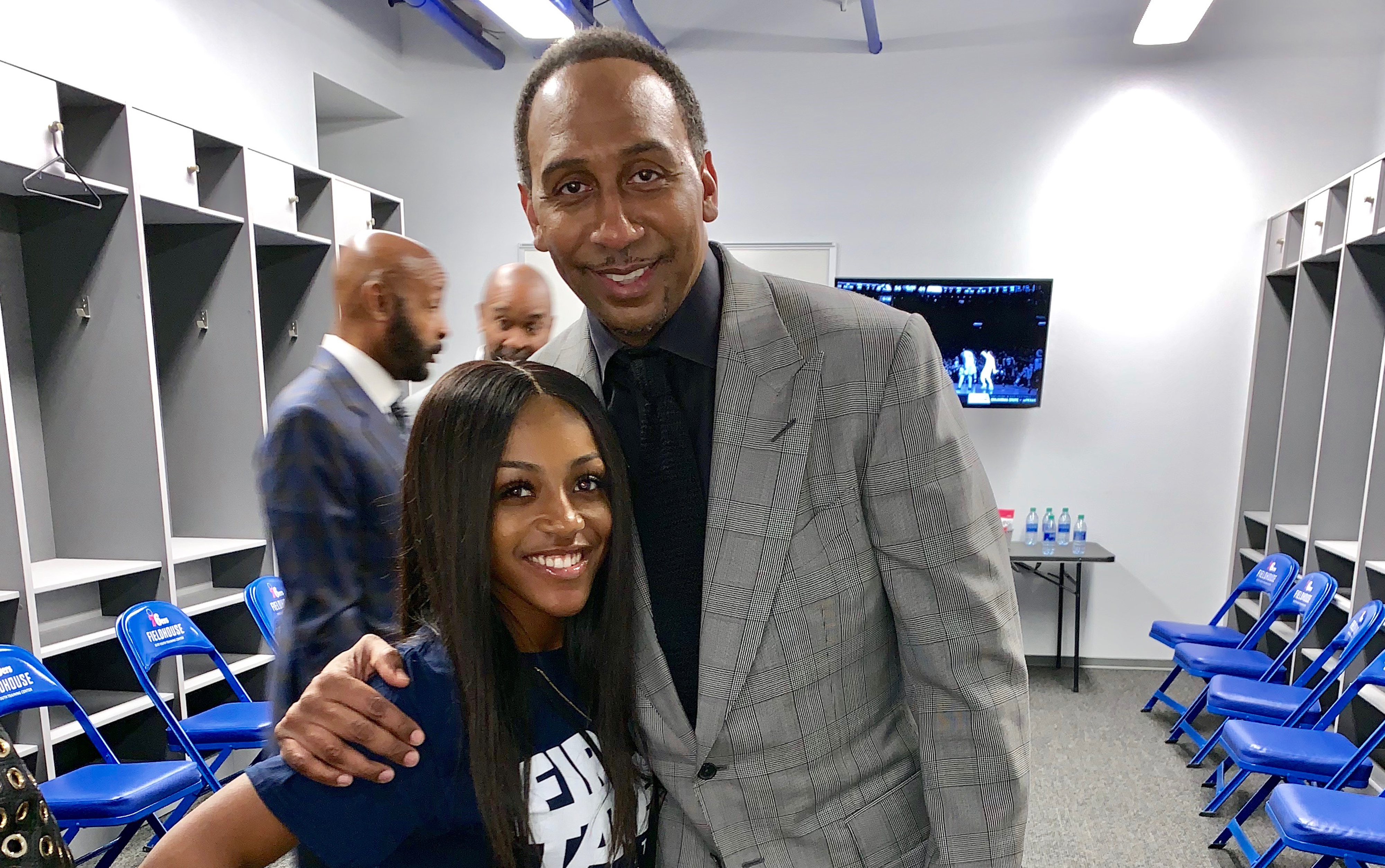 SGA Vice President Ashlee Davis gets a photo op with Stephen A. Smith, ESPN commentator, who broadcasted his morning show live at the 76er Fieldhouse as part of Wilmington's HBCU Week activities.