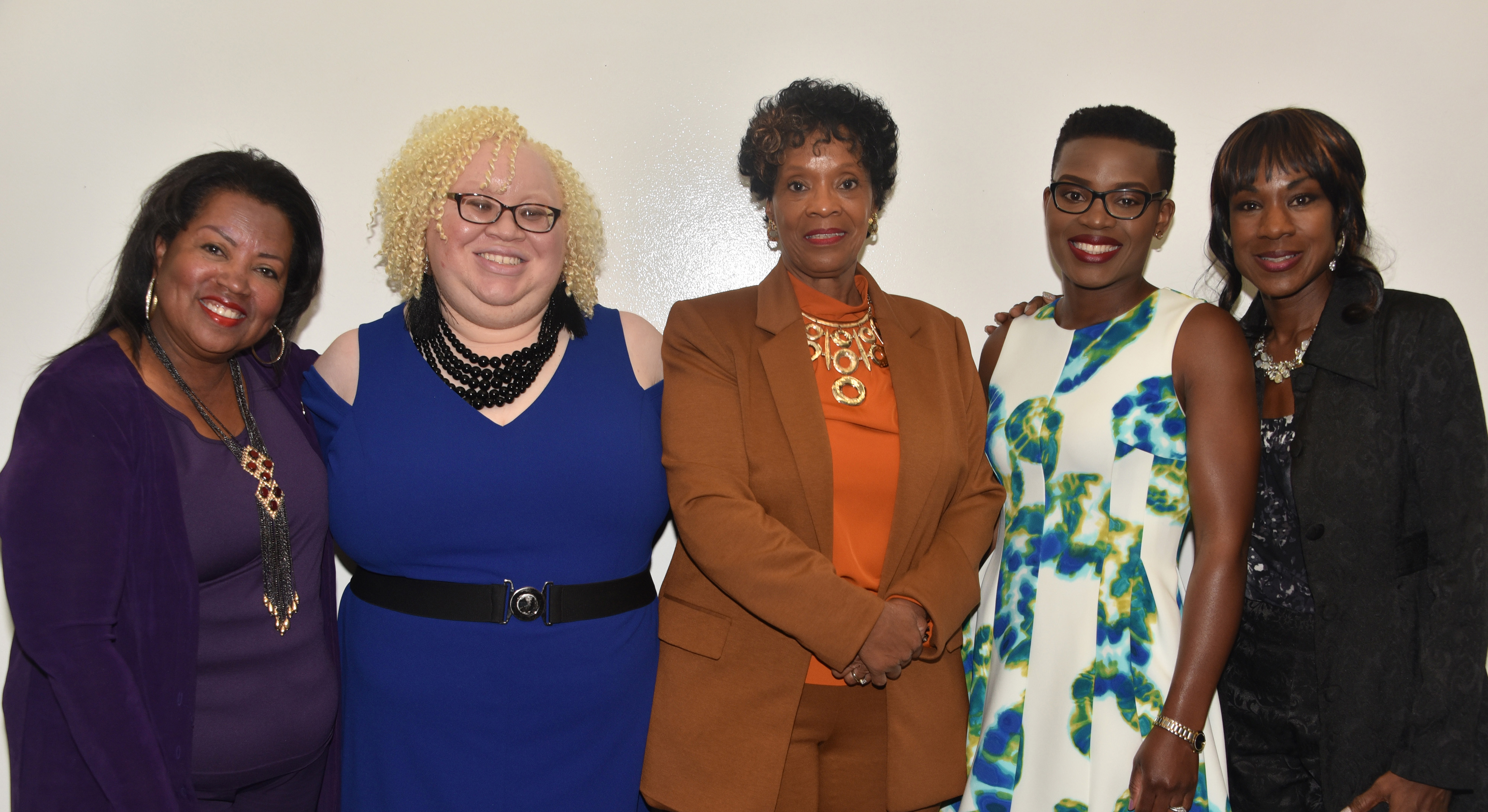 (L-r) Dr. Devona Williams, DSU Board of Trustees chairperson, Sara Crawford-Jones, director of the Women's Business Center, of True Access Capital, Audrey Scott-Hynson, owner of A. Scott Enterprises, Linda Arrey keynote speaker, and Lillie Crawford, event organizer, gather for a photo during the Women's Entrepreneurship Week observance at the University.