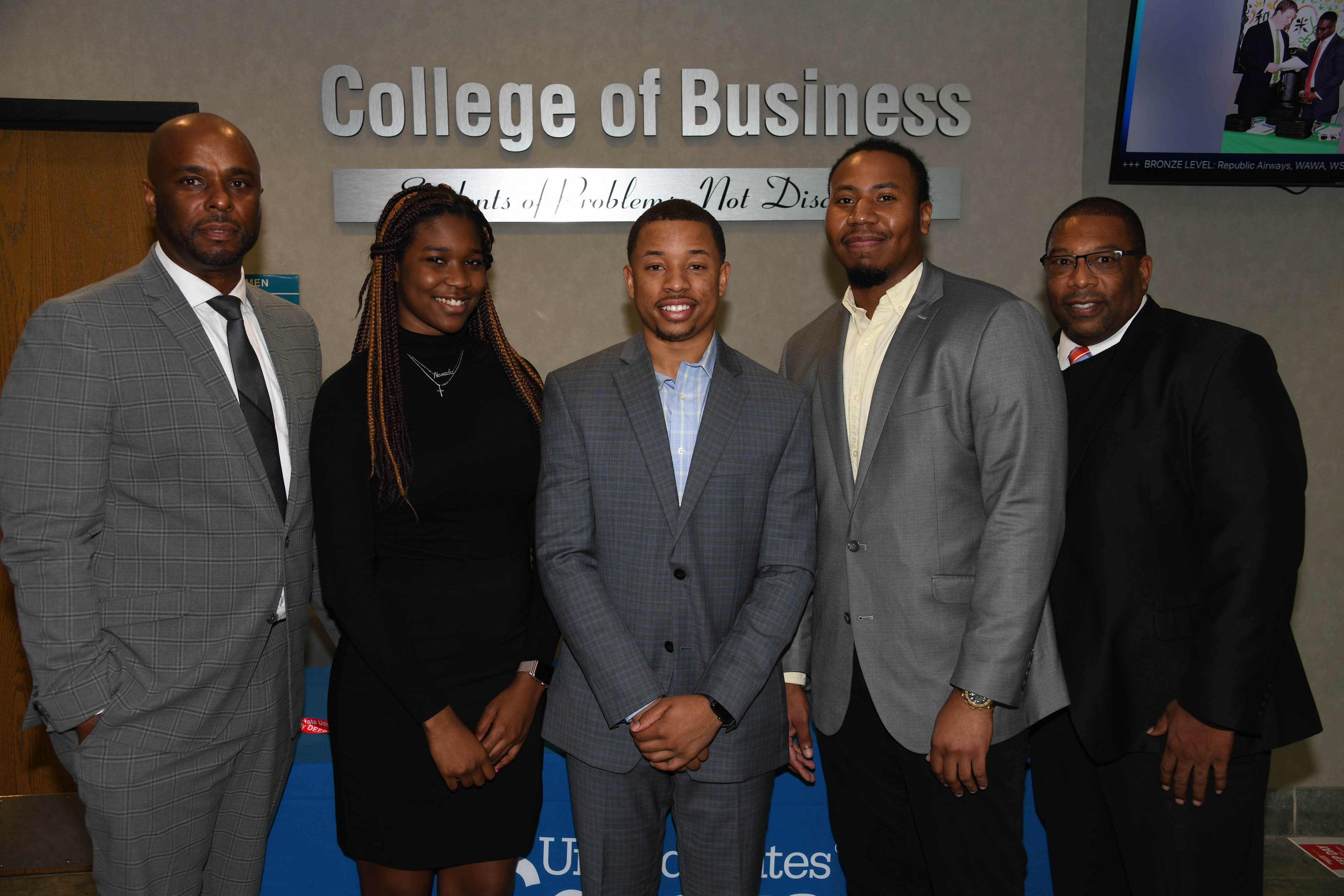 Dr. Michael Casson Jr., dean of the College of Business, stands with students Yazmin Harris, Jason Nunley, and Michael Ford and Associate Professor Wade Robinson, who all attended the recent International Economic Development Council Conference in Indianapolis, Ind.