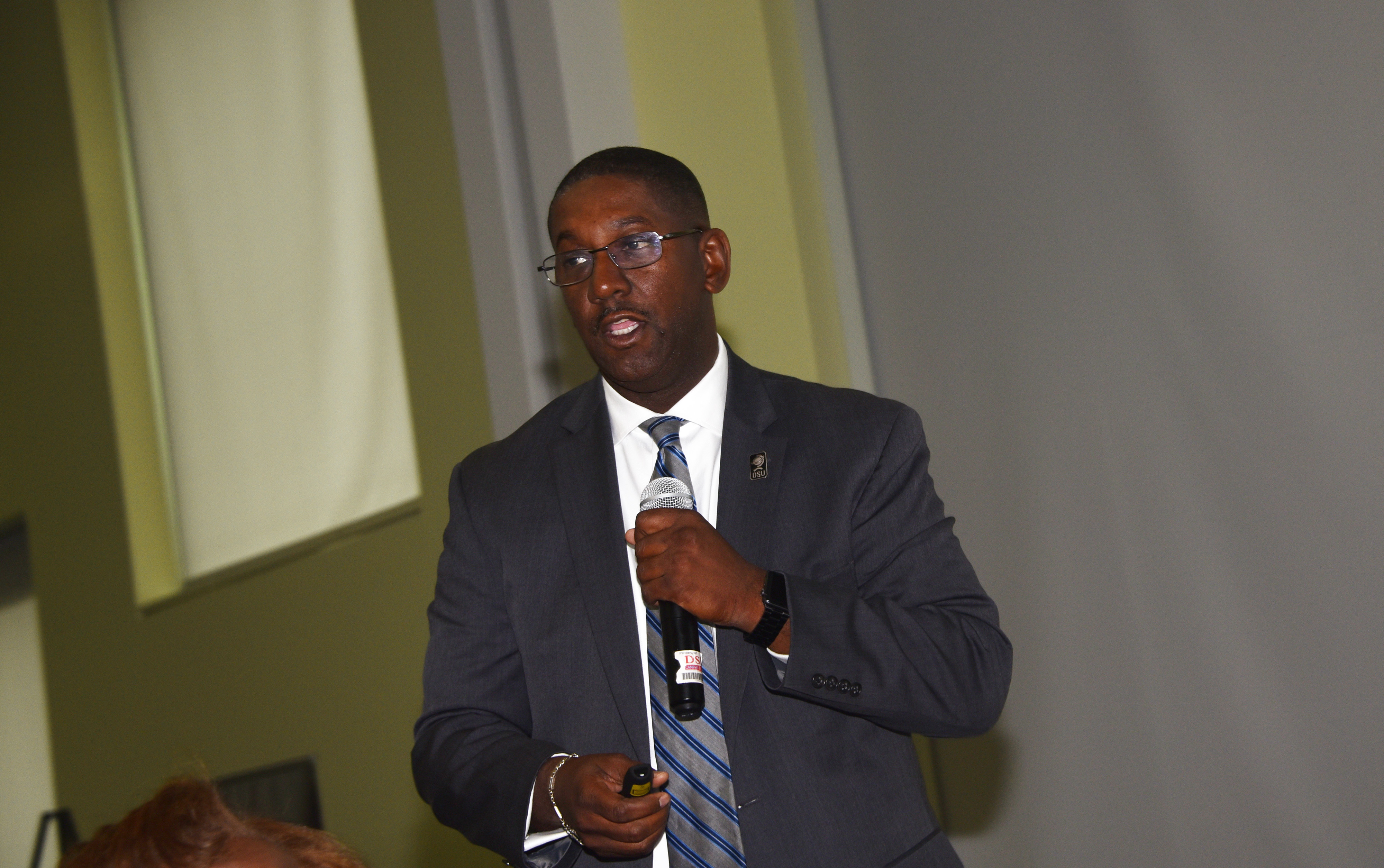 Darrell McMillon gives a presentation on cyber security during a recent Professional Development Forum for University employees. Mr. McMillon has been the Chief Information Officer for DSU as part of his contract with Ellucian. Effective Jan. 1, 2020, he will leave Ellucian to work as CIO directly for the University.