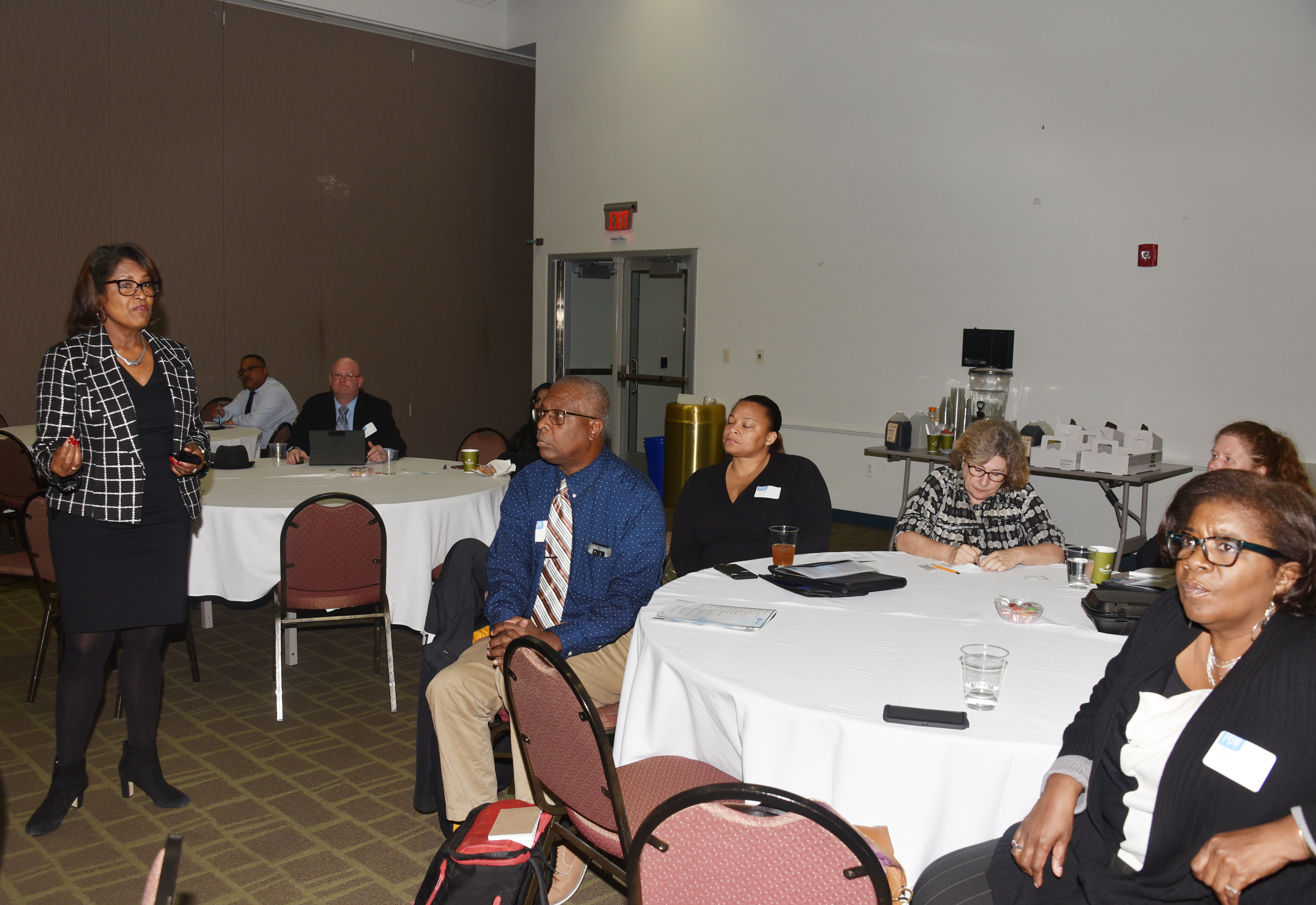 Terri Easter (l), founder of T.H. Easter Consulting, conducts a workshop to management personnel on "Maximizing Performance" during the afternoon sessions of the Professional Development Workshop