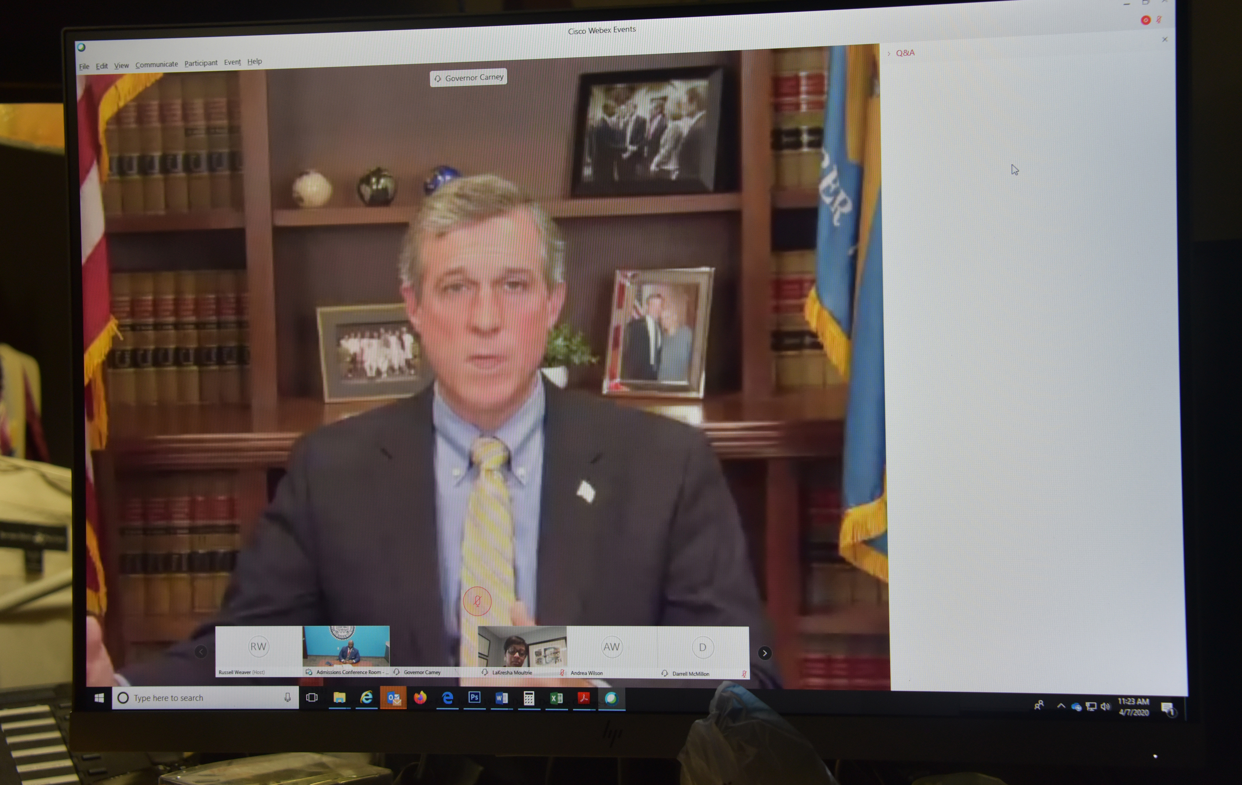 Delaware Gov. John Carney discussed the current COVID-19 situation in Delaware with University President Tony Allen during the April 7 Webex