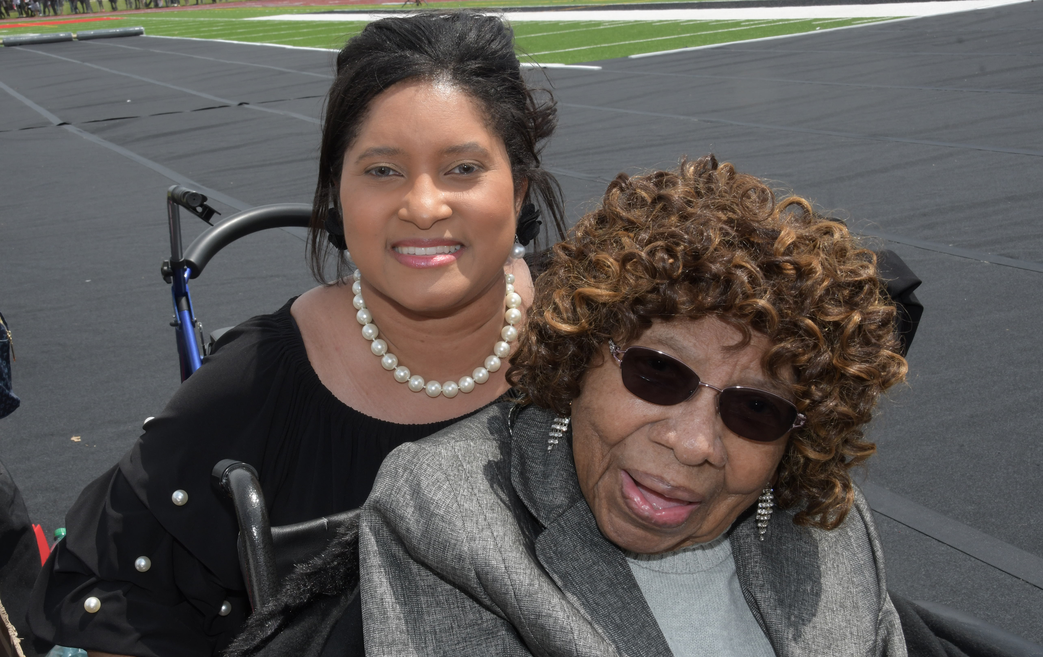 Courtney Stevenson (r) celebrated her 106th birthday on June 12. Shown here with a sorority sister Marquita Thomas Brown at the 2019 May Commencement, Mrs. Stevenson continues to be the University's oldest living among the host of Del State alumni