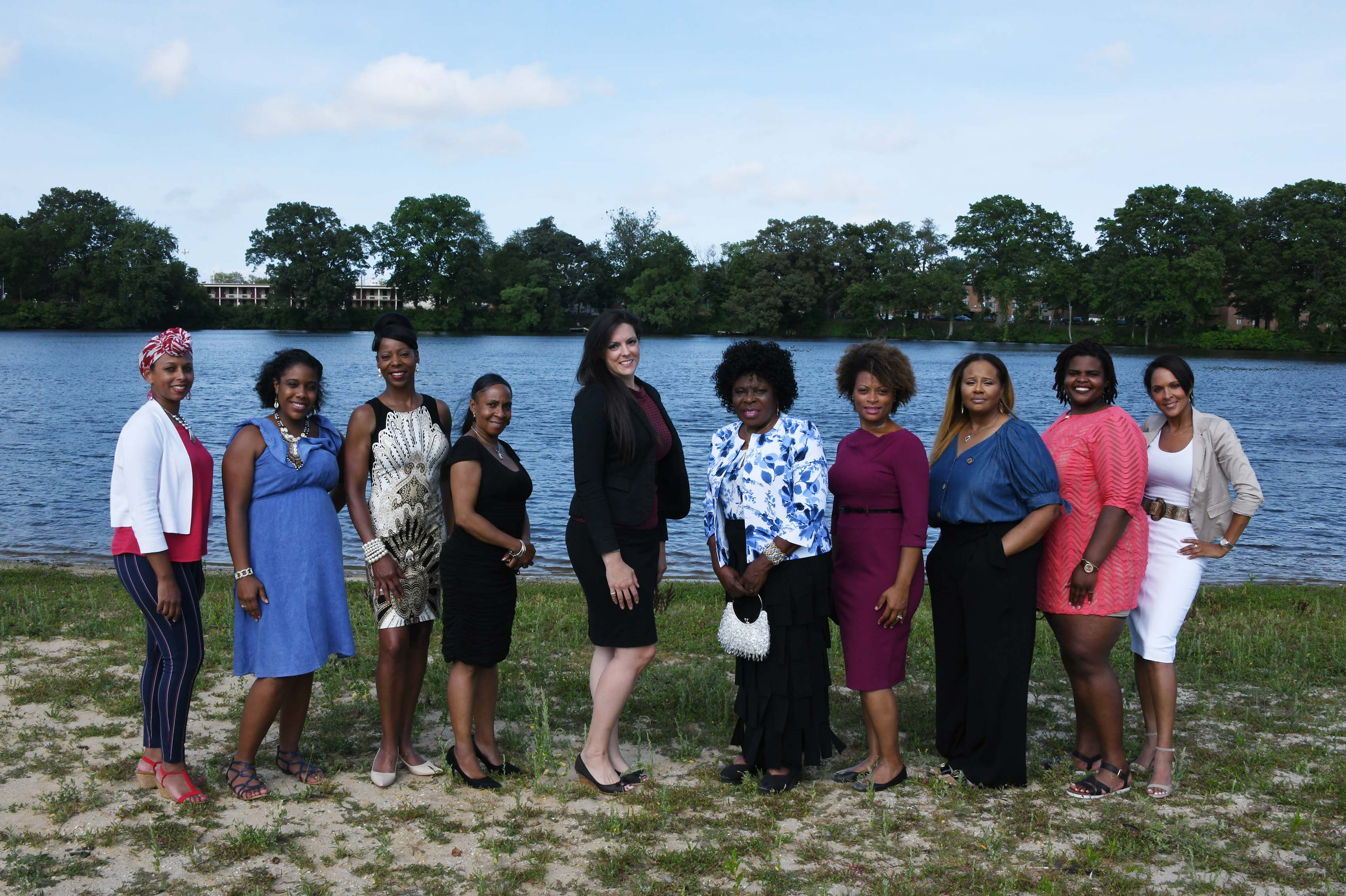 (L-r) Nyia McCants, Shanita Powell, Brenda Farmer, Phyllis Riley Coleman, Ann Knetter, Helen Eyong, Adrienne Clarke, Georgeann Sturgis, Tiffany Lomax and Dawn M. Mosley all successfully defended their Ed.D. dissertations virtually. These doctoral candidates removed their masks for just a minute to take this photo.  Not pictured: Angela Thompson.
