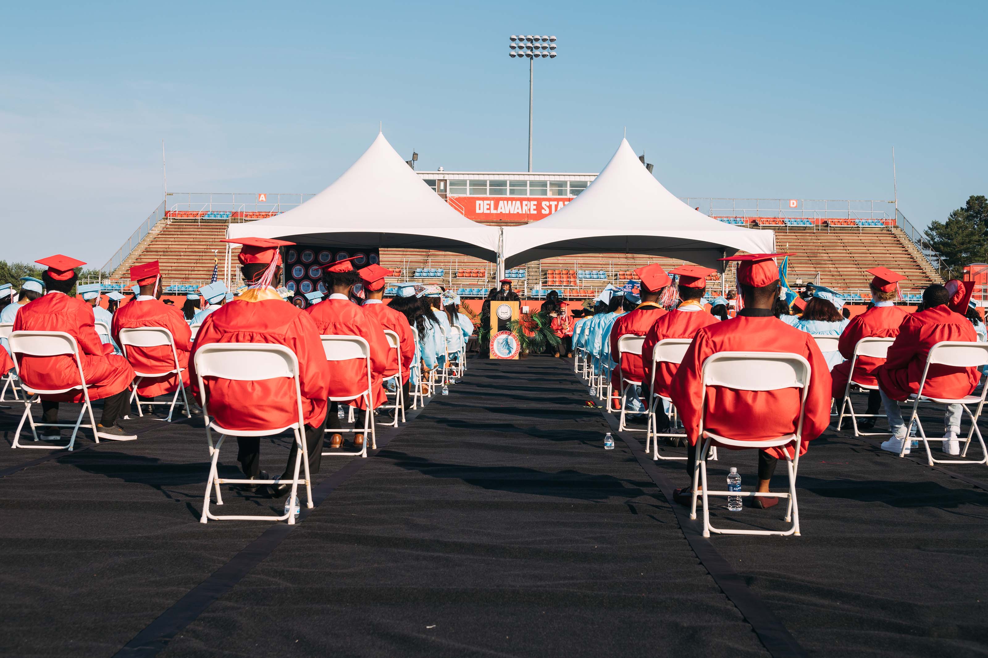 The Early College High School Class of 2020 sat on the field of Alumni Stadium six feet apart during their July 21 Commencement Ceremony