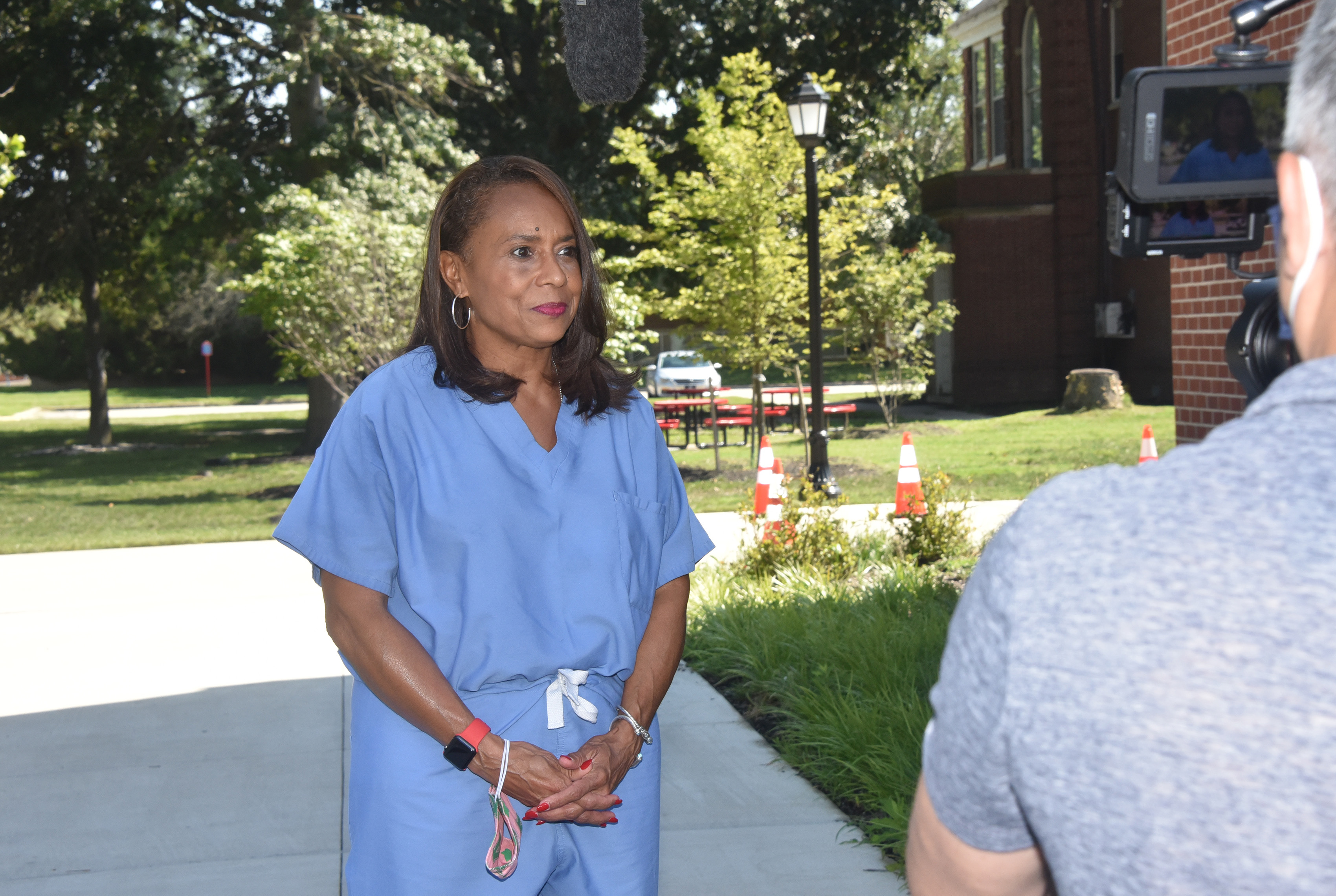 Dr. Joan Coker, Testing for America Advisory Council member New Castle County physician/ENT specialist, appears before ABC News Nightline camera to explain the thinking behind the reopening of the campus. The Nightline segment will be aired in a couple of weeks on a date to be announced.