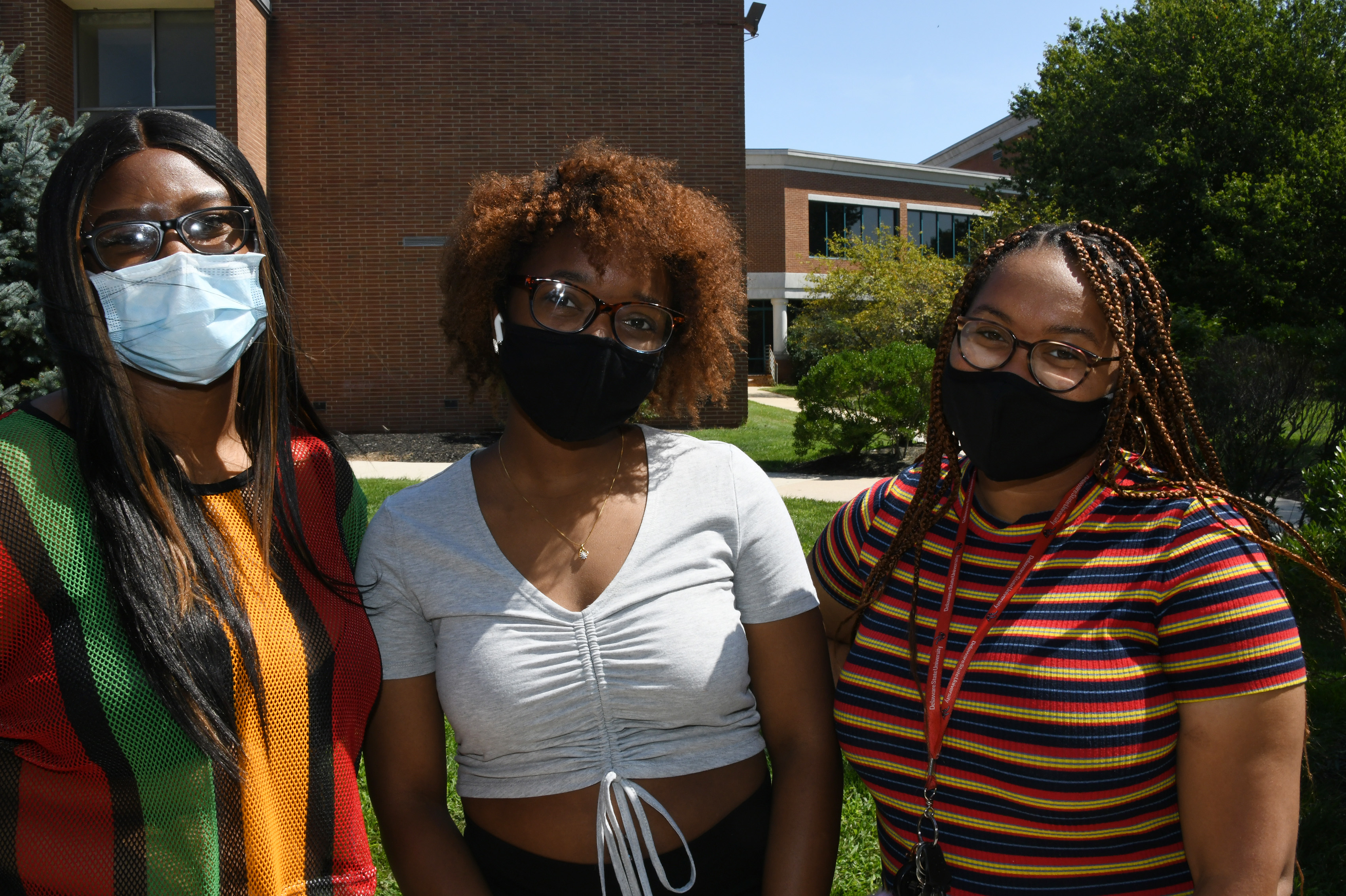 (L-r) Malina Emory, Kamden Harrison and Ananiya Pierce -- all freshmen -- are masked up and ready for the 2020 fall semester.